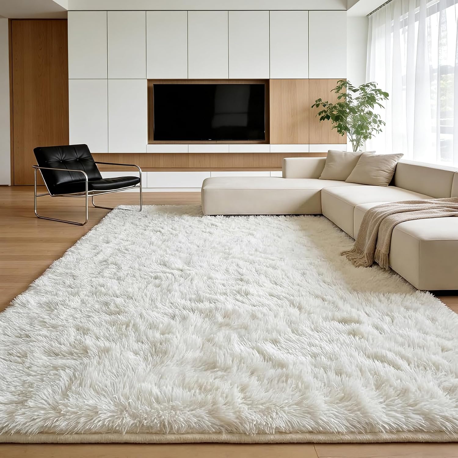 ThreadGlobe Premium Shag Area Rug 5'x8', Cream White Ultra Plush Rugs for Living Room, Non-Slip Carpet for Bedroom & Nursery Rooms, Smooth Touch Luxurious Floor Decor, Cream White, 5x8 Ft image 2