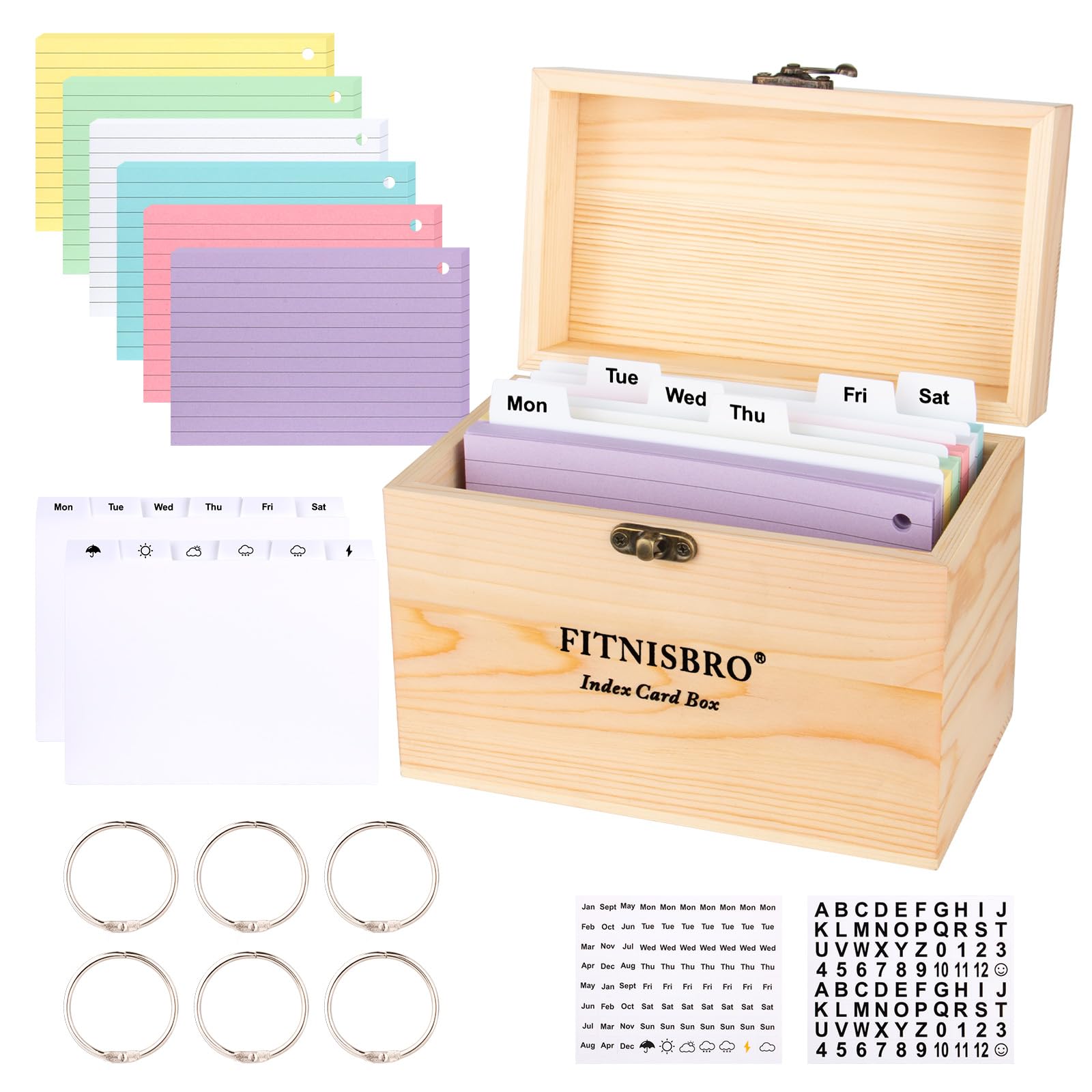 Karteikarten Box A6, 17.5 x 10 x 13cm Pinienholz KarteikartenBox, 300 linierte Notizblätter im Lieferumfang enthalten, 12 Register 6 Ringen 2 Aufkleber,für Vokabeln, Lernnotizen, Rezepte