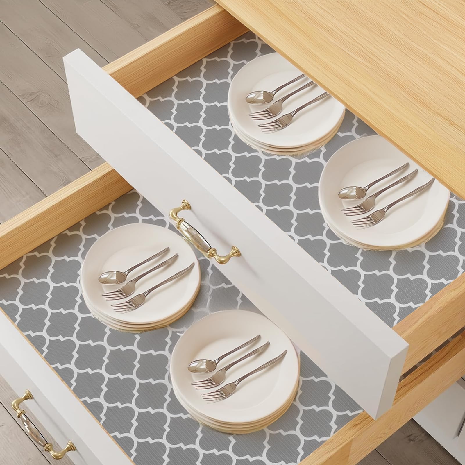 Moriah Shelf Liner for Kitchen Cabinet Non-Adhesive, Thickened Drawer Liner No Slip for Dresser Waterproof Cabinet Paper Liner for Bathroom Shelves Protects Surfaces(Grey,24'' x 10')