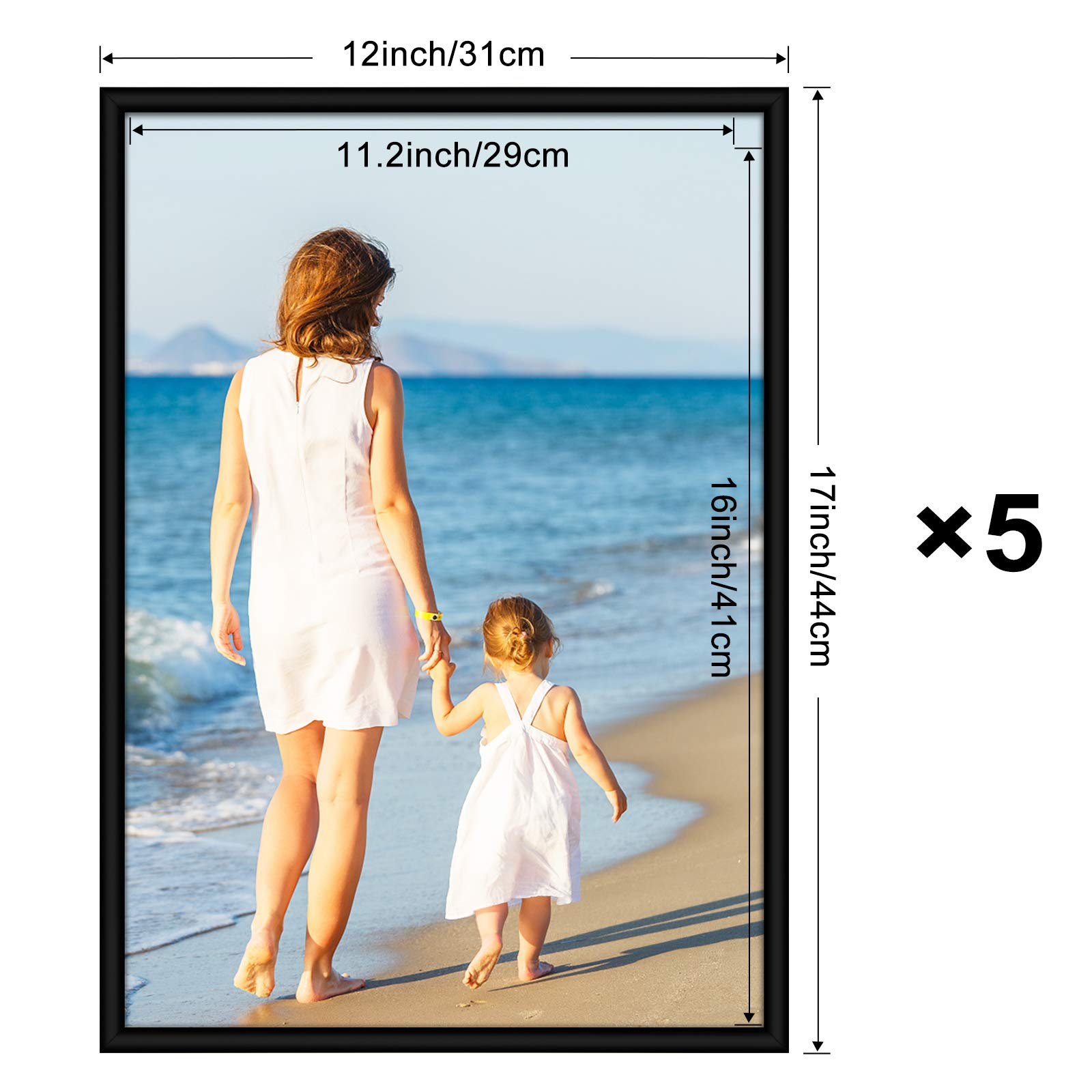 Alishomtll Juego de 5 marcos de fotos DIN A3, 29,7 x 42 cm, marco de fotos de plástico, juego de marcos de póster de plexiglás irrompible para colgar varias fotos, color negro