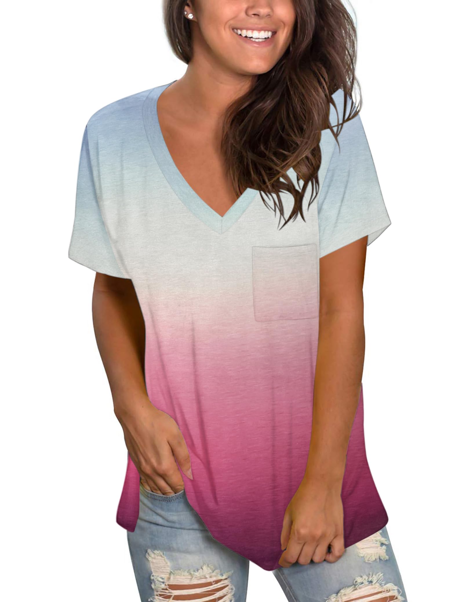 MOLERANI Womens T Shirts Short Sleeve V Neck Loose Summer Tees Basic Tops with Pocket Gradient Gray Pink 2XL