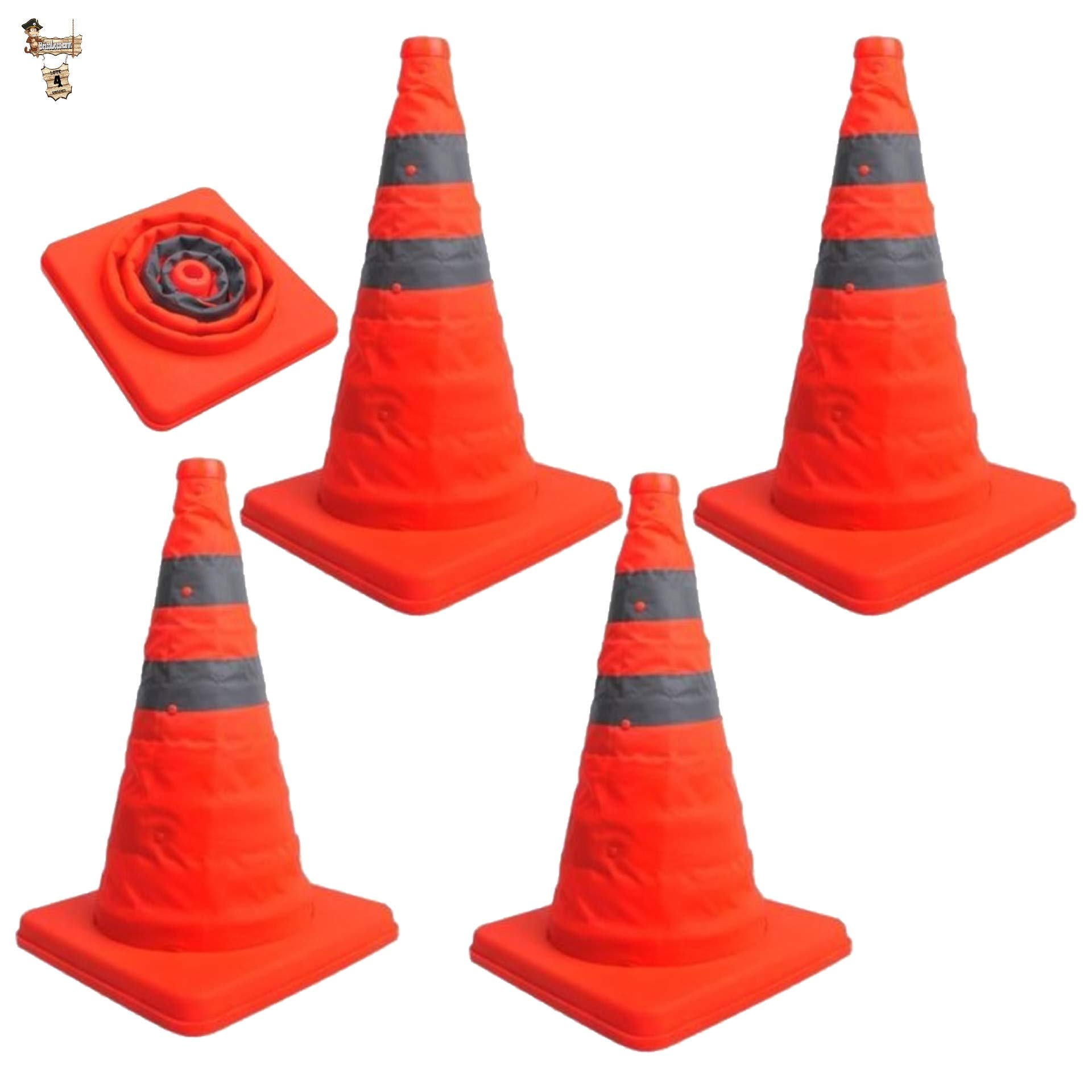 BricoLoco Lote 4 uds. Cono señalización carretera plegable 40 cm 2 bandas reflectantes, naranja. Señalización o balizamiento en carretera tráfico, entrenamiento, obra. Fluorescente y reflectante.