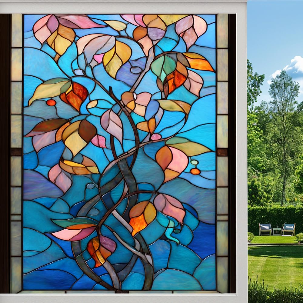 Pmlbaous Colorful Leaf Plants Stained Glass Window Film, Natural Tree Branch Peel And Stick Privacy Film, Frosted Adhesive Vinyl Decorative For Bathroom Windows Glass Doors, （80X140cm）