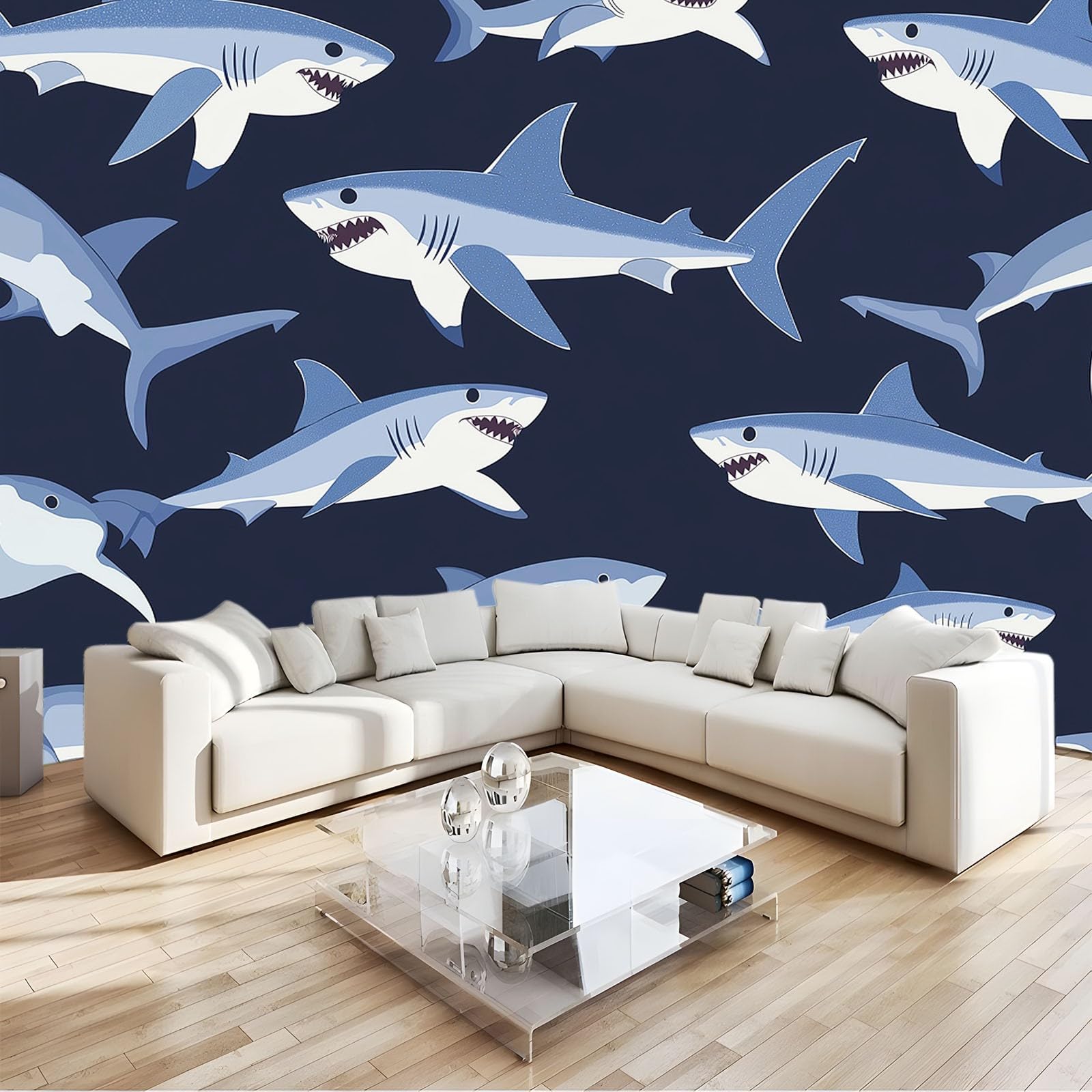 Papier peint panoramique requin bleu foncé 300x210 cm pour chambre enfant intissé