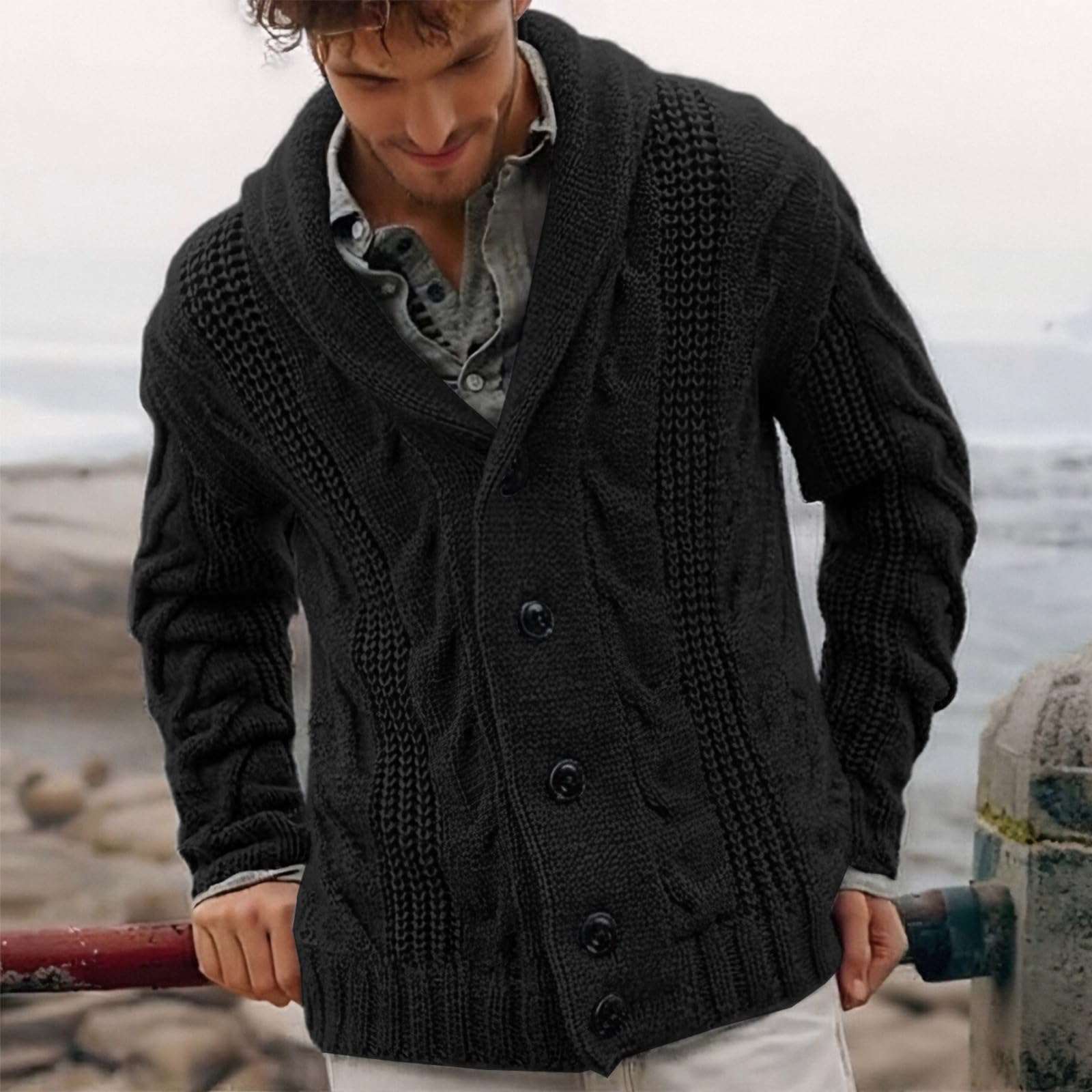 Jersey Hombre Cardigan, Chaqueta con Botones Hombre Mangas Largas con Botones Y Solapa Cálido Chaqueta De Punto Informal Bloques De Color Suave Y Cómodo Chaqueta De Entretiempo De Punto