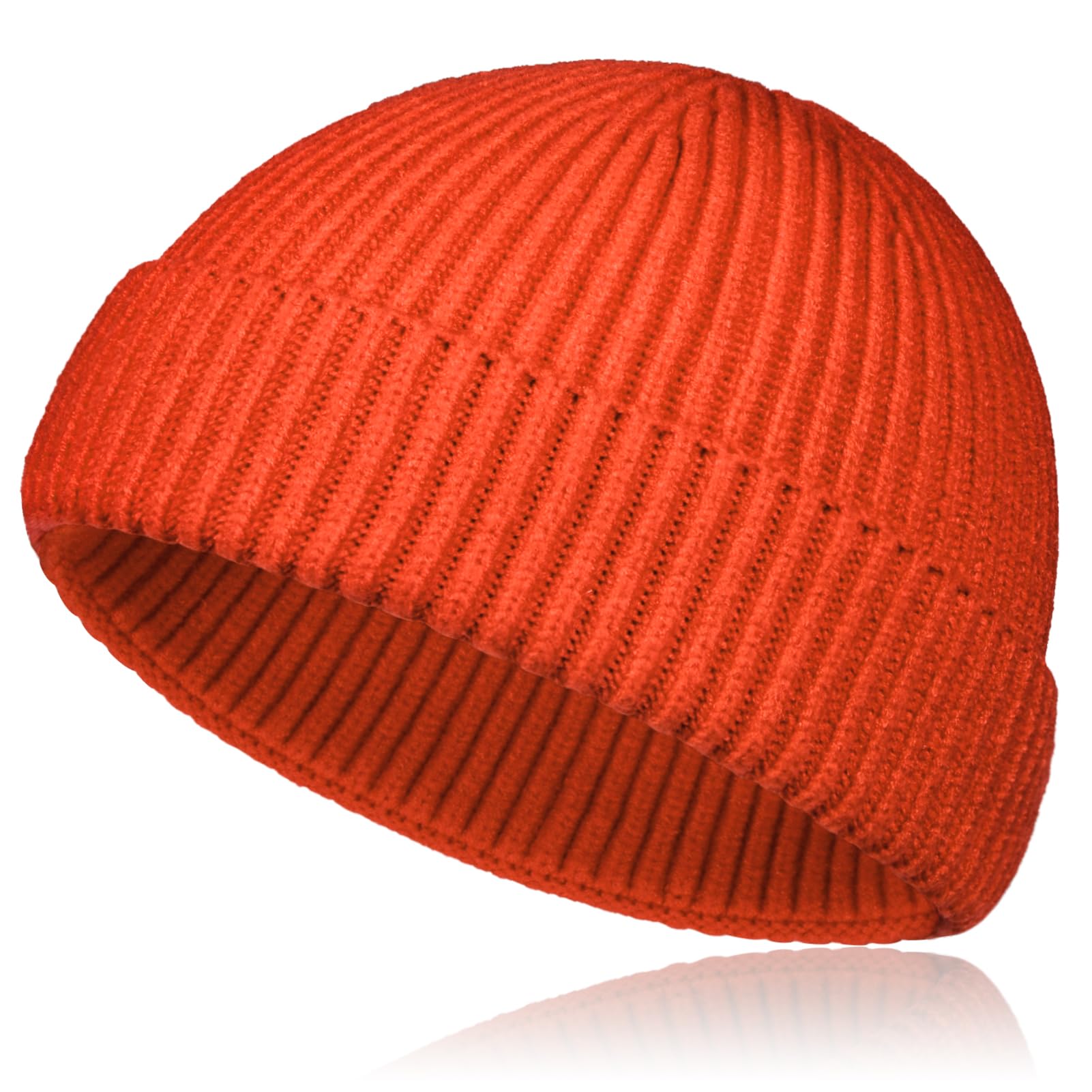 Samserot Wool Short Fisherman Beanie for Men Women, Knit Cuff Trawler Beanie Caps Winter Warm Hats Tangerine