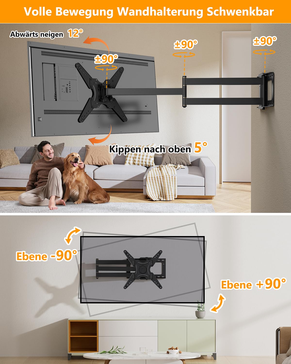 TV Wandhalterung mit 1219mm Langer Reichweite, 90° Drehbare Wandhalterung Fernseher Schwenkbar Neigbar Voll Beweglich TV Halterung für 26-65 Zoll Fernseher & Monitor bis zu 50kg VESA 400x400mm