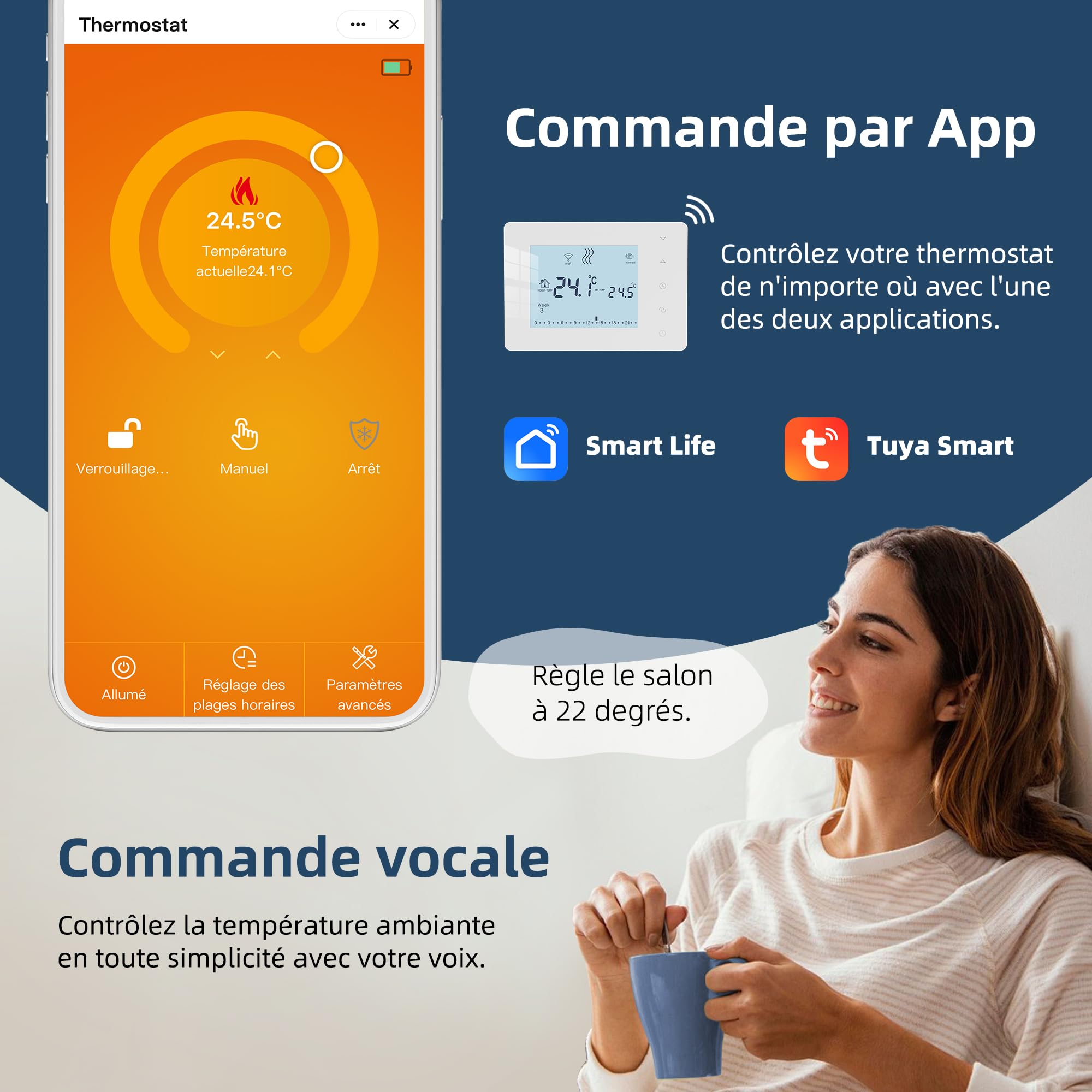 Beok Thermostat chaudière gaz connecté à Piles,en saillie, Grand écran, 3A