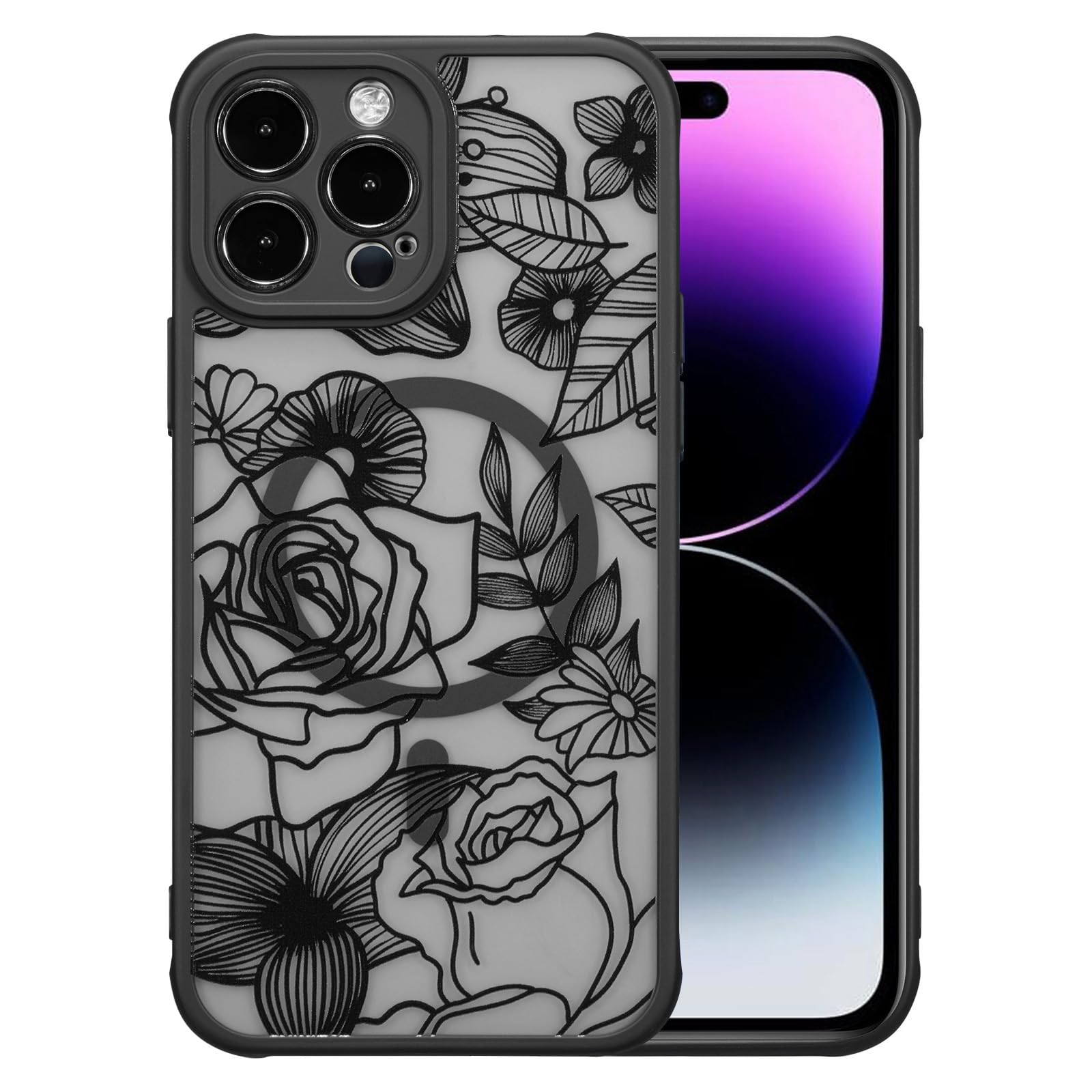 XIZYO Magnetic Case for iPhone 14 Pro Max Cute Floral, Black | Compatible with Magsafe, Floral Flower Rose Girly Aesthetic Pattern for Women Girls, Matte TPU Shockproof Bumper Cover