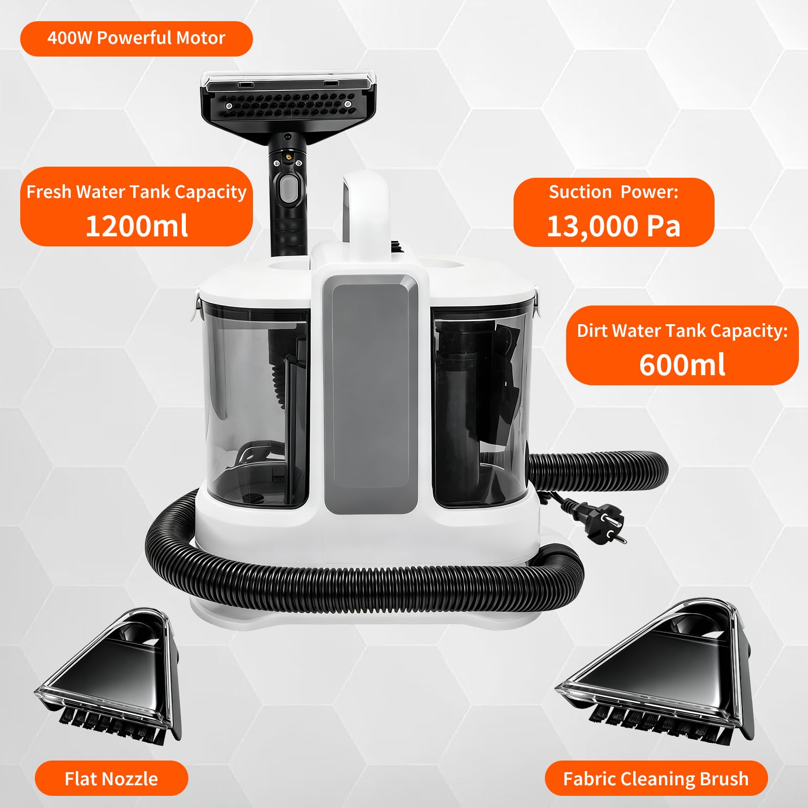 Shampouineuse Canapé Et Tapis 400w 13kpa - Nettoyeur Tapis Et Moquettes Portable Avec Double Réservoir, Injecteur Extracteur Pour Voiture, Matelas Et Tissus D'ameublement Aspirateur
