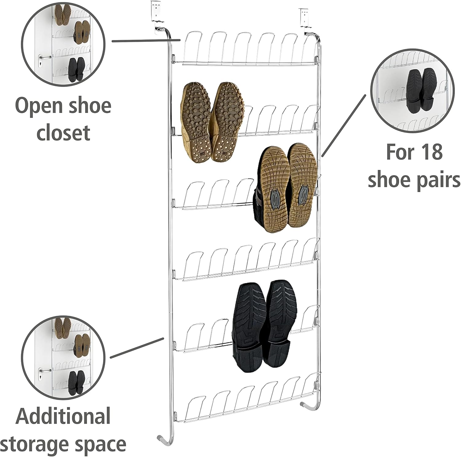 WENKO Over the Door Shoe Rack Organizer, Shoe Holder for Back of Door and Closet, Hanging Shoe Rack, Storage for up to 18 Pairs of Shoes, 23.2 x 59.4 x 5.5 inch, Silver Shiny