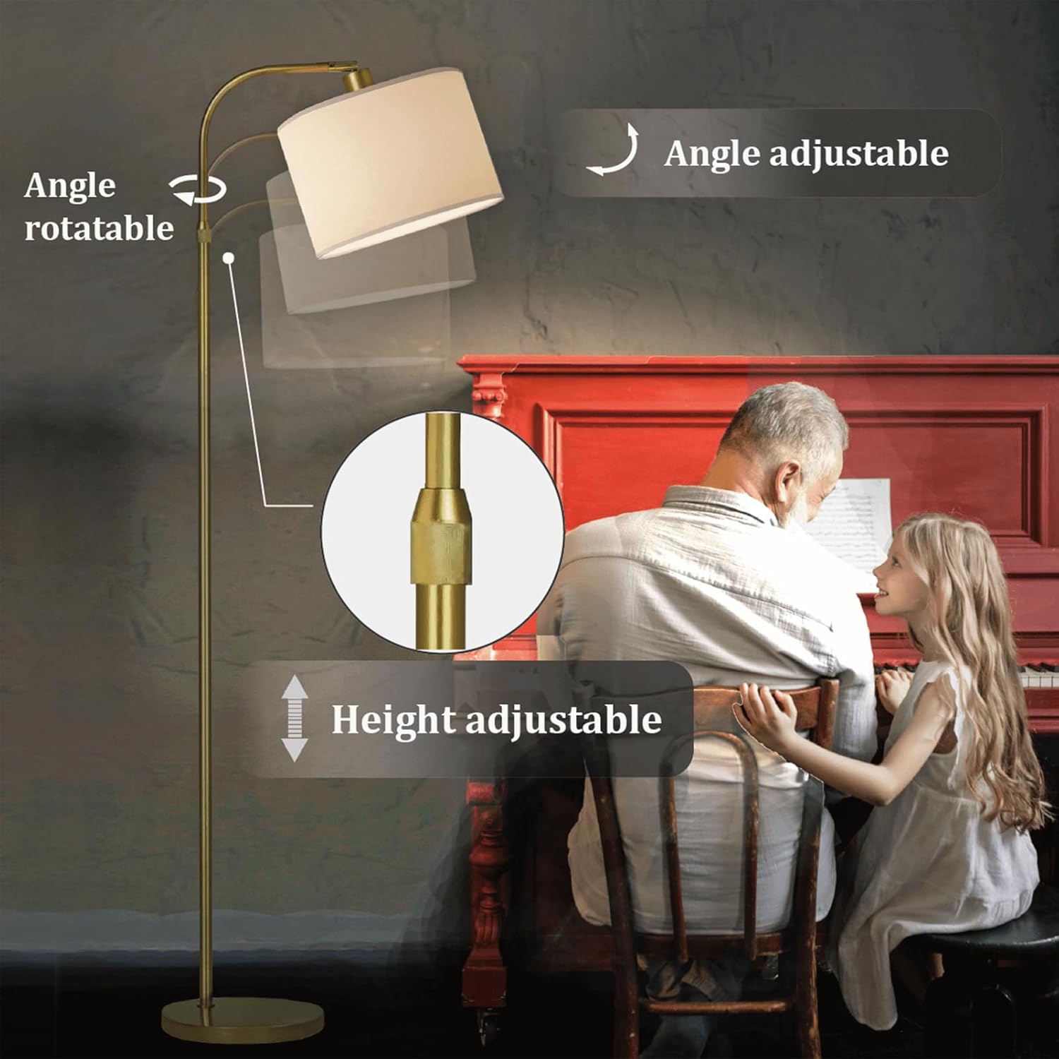 Gold Floor Lamp with Remote Control, Adjustable Height Dimmable Arc Floor Lamp for Living Room, Modern Gold Standing Lamp Dimmable for Bedroom, Office, 1000 Lumens LED Smart Bulb Included, Gold-Remote
