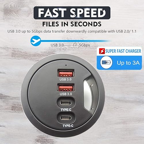 Miniatura 6 de Hub USB 3.0 con ojal para escritorio (diámetro de 2.36 pulgadas o 2.362 in) 2 puertos tipo A y 2 puertos tipo C, carga compatible y transmisión de