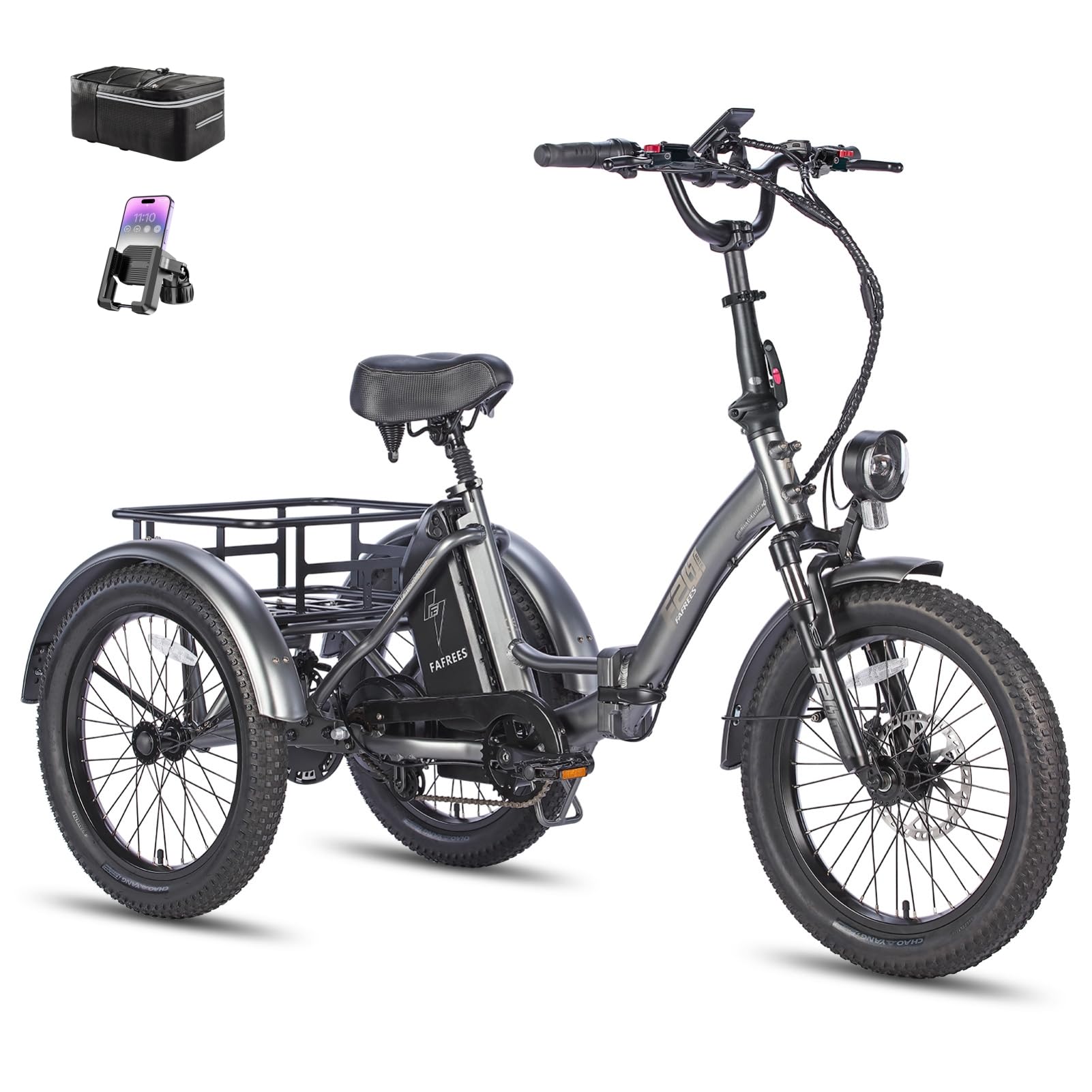 Fafrees F20 Mate faltbares Elektro-Dreirad E-Bike 20 Zoll Fat Tire, 48V 20Ah Akku 120km, hydraulische Feststellbremsen, 180kg Traglast mit Korb