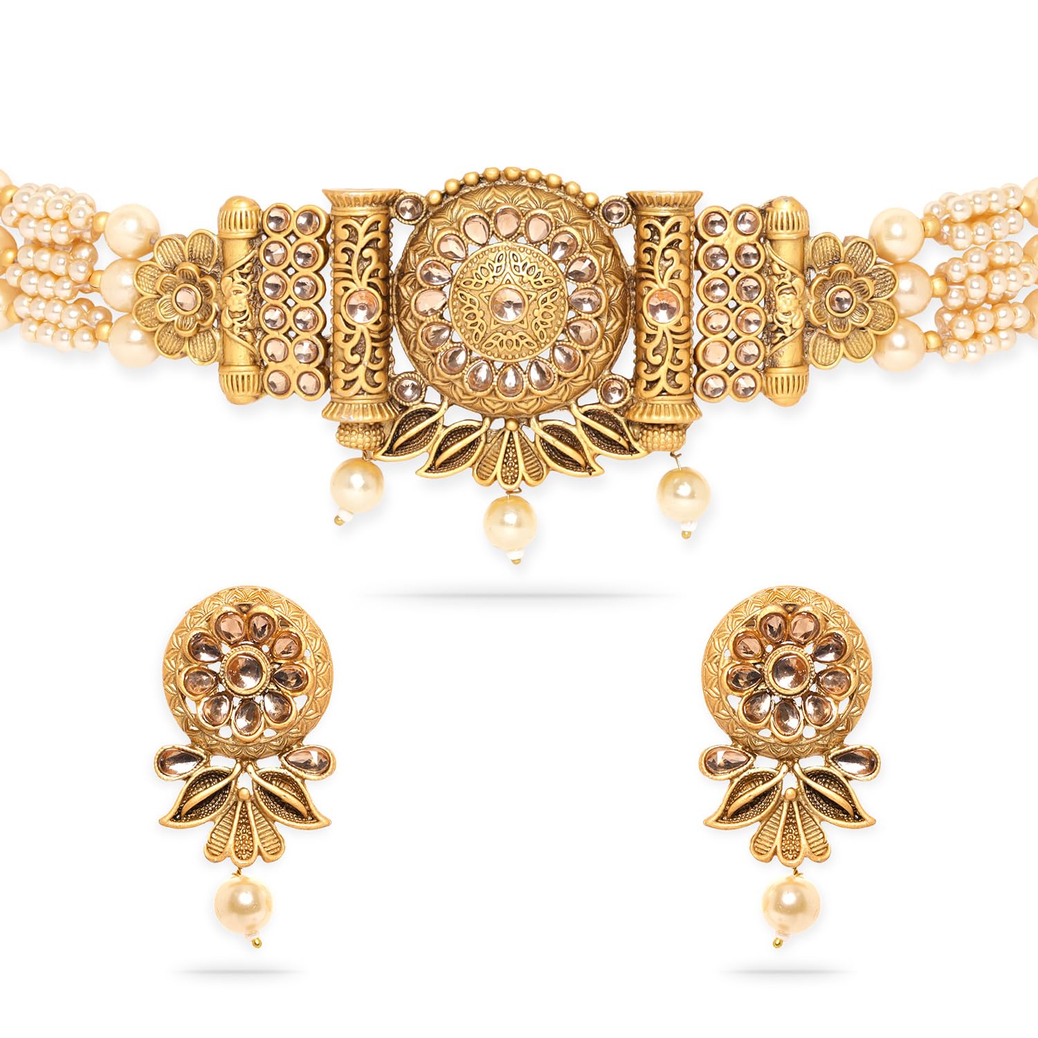 Gold Pendant, White Pearls, and Beaded Chain Choker Set For Women