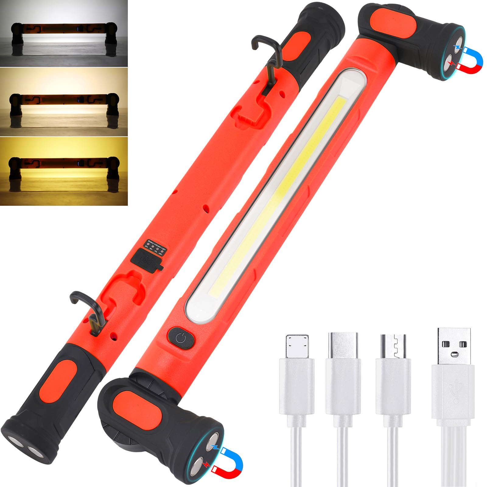 Baladeuse LED Mecanicien Lampe Rechargeable Atelier Travail Mecanique Auto Aimantée Torche 5000mAh USB-C Magnétique Lampe Inspection Multifonctionnelle 3 Modes pour Garage, Camping, d'Urgence[Rouge]