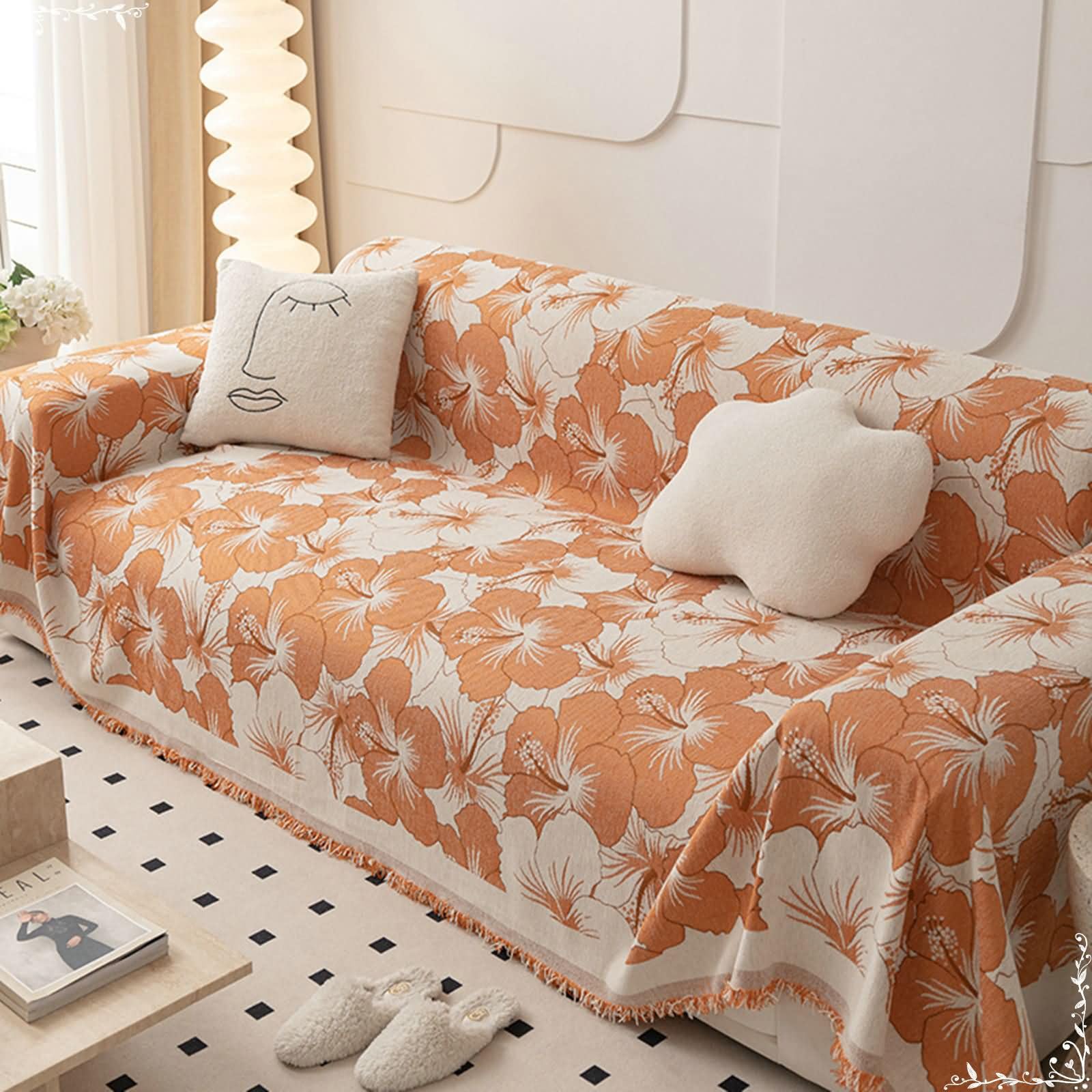 Copri Poltrona con Braccioli 1 Posto,Coperta Divano Letto Arancio Copridivano Divano Angolare 180x130CM Copridivano di Ciniglia Fiori Stampati con Nappe