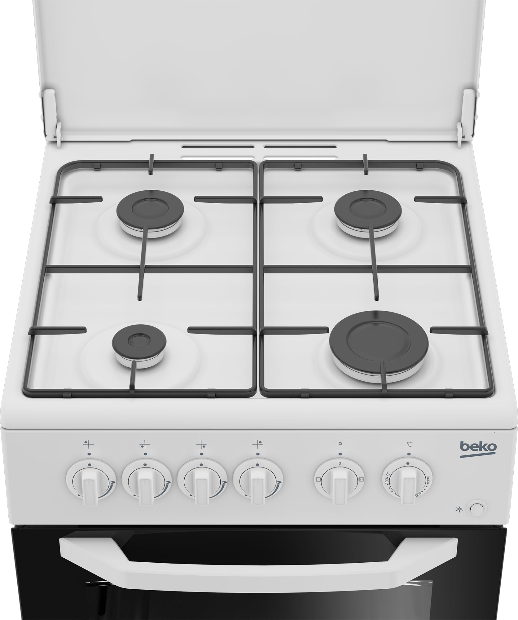 Beko - CSS42014FW - Cuisine 50X50, Four électrique statique + plan avec 4 brûleurs à gaz et grilles à plat, Classe A, Contrôle mécanique, Couleur Blanc, Dimensions HxLxP : 85,0 x 50,0 x 50,0