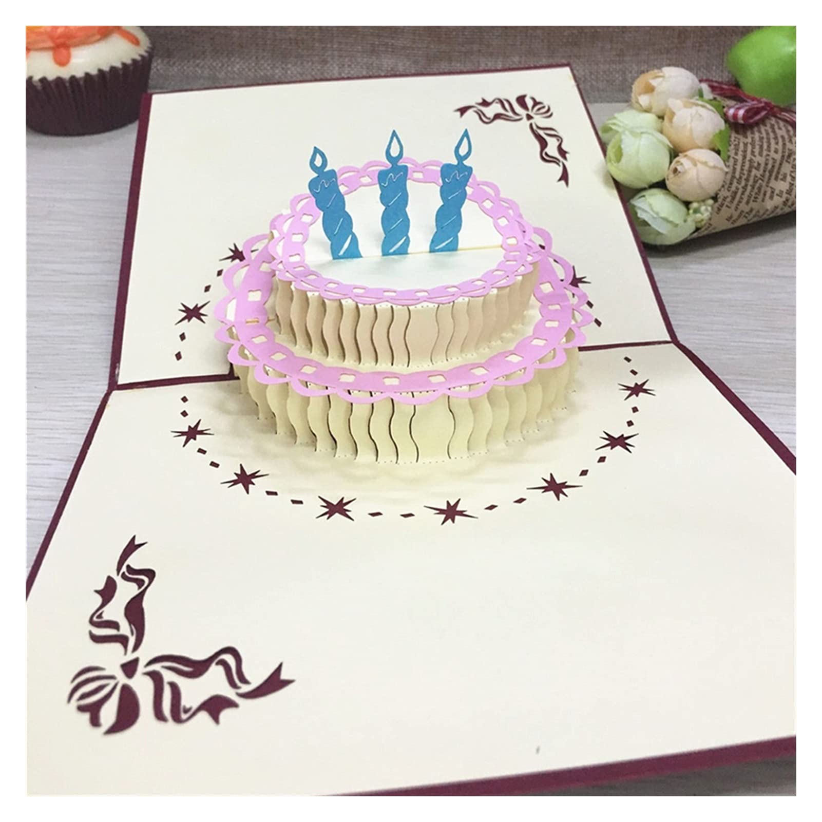 Carte de voeux Gâteau d'anniversaire 3D Pop Up Pop Up Laser Cut Coup de post Cartes-cadeaux de salutation Kraft Kirigami Blank avec enveloppe Cadeaux d'anniversaire 50pcs carte de remerciement