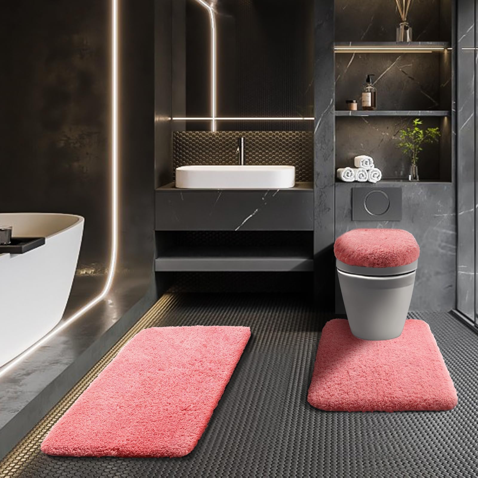 Amazon.com: 3pc Solid Non Slip Soft Bath Rug Set for Bathroom U-Shaped ...