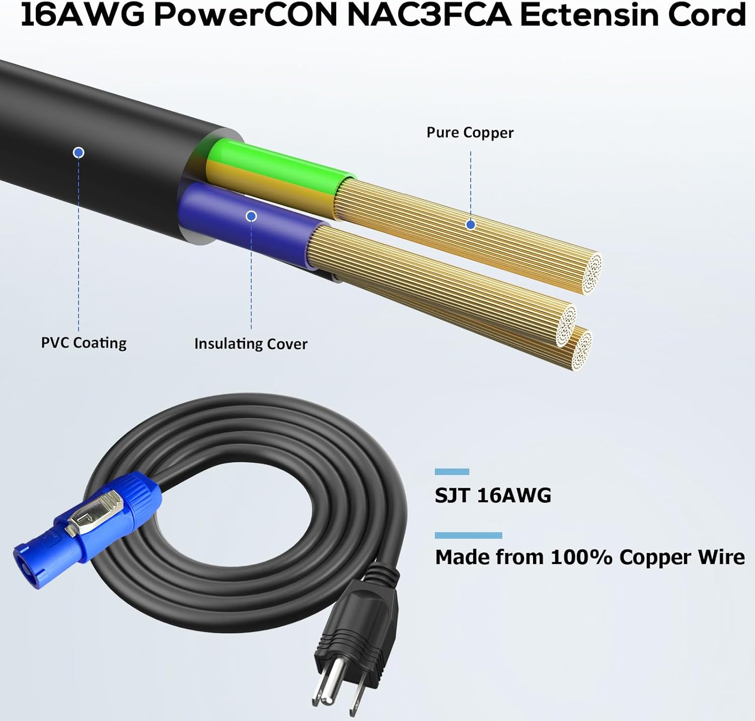 3-Prong NEMA 5-15P to PowerCON AC Power Cable Cord 20A 3 Pin PowerCon Input Male Connector to NEMA 5-15P Male Extension Power Wire 16AWG for Outdoor Stage Light LED Screen-25FT