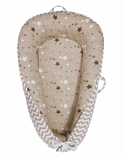 Nido para bebé, tumbona de algodón orgánico para bebé, reversible, transpirable, ajustable, portátil, colección Star (bronceado)