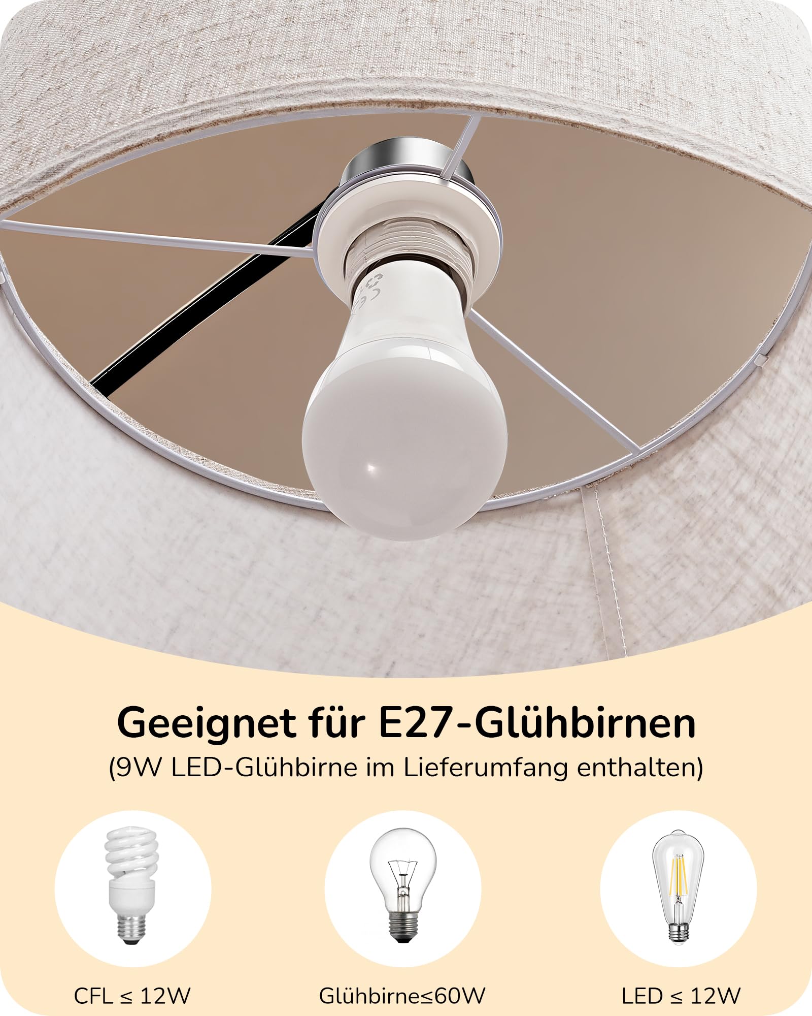 EDISHINE Stehlampe Wohnzimmer, 143-176 cm verstellbar, Bogenlampe mit drehbarem Lampenkopf und Metallgestell, magnetische Fernbedienung, stufenlos dimmbar, E27 Fassung inkl. 9W LED Leuchtmittel
