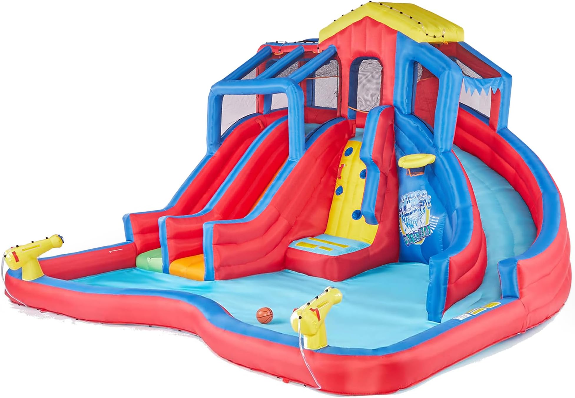 Banzai Hydro Blast Inflatable Backyard Water Slide Park for Ages 5+, Blue/Red – Outdoor Bouncy Play with Wall Climbing, Basketball Hoop, Cannons, and Lagoon Pool
