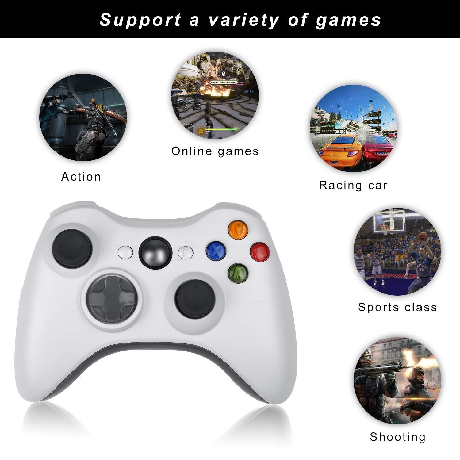 Manette de jeu sans fil,CamKing Nouvelle Bluetooth Xbox 360 Manette de jeu sans fil pour Microsoft Xbox 360 PC / Windows 7 XP (Blanche)