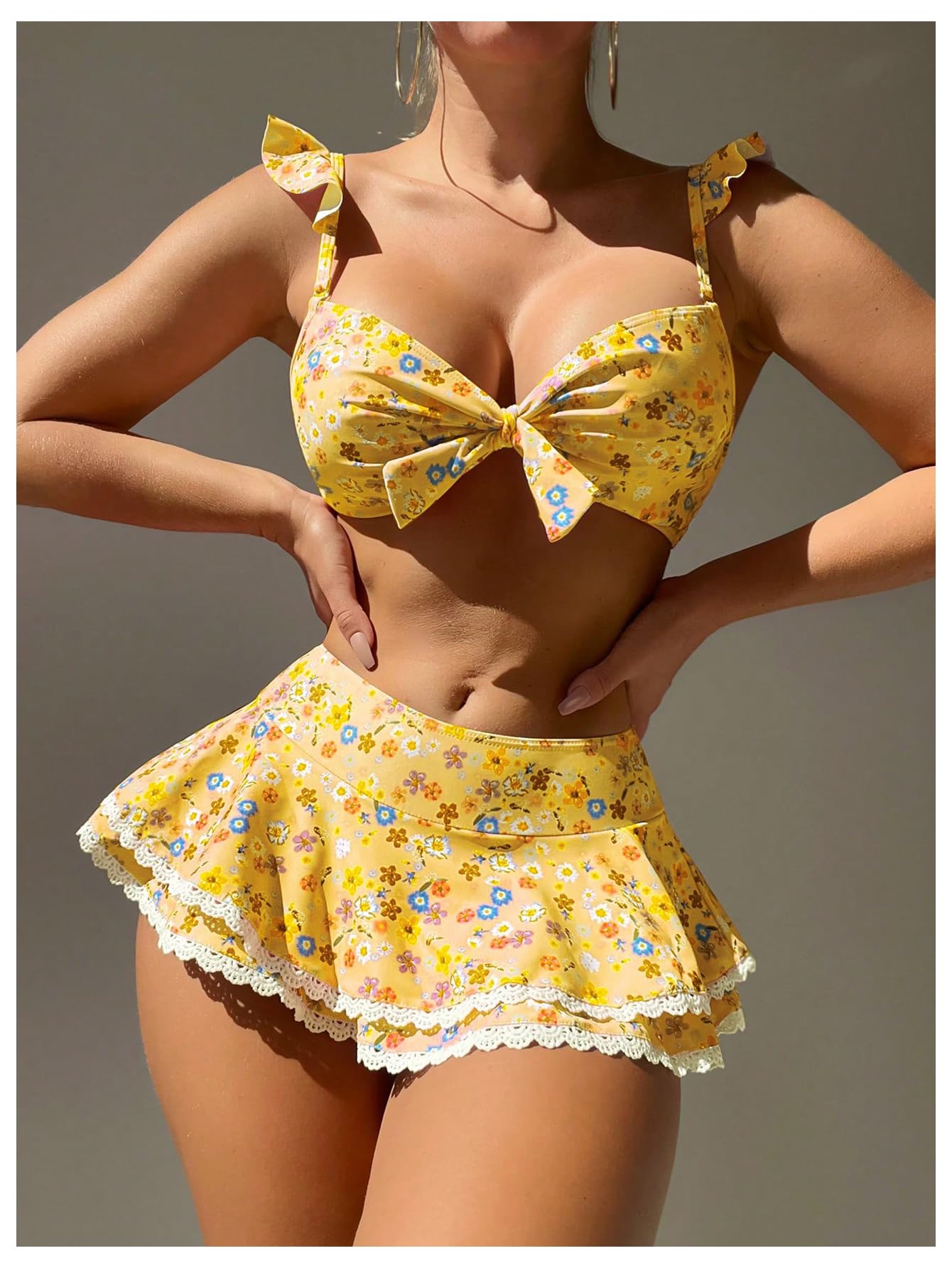 BEAUDRM Conjunto de bikini de 2 piezas con volantes para mujer, falda de bikini floral con control de abdomen, lindo traje de baño de lunares