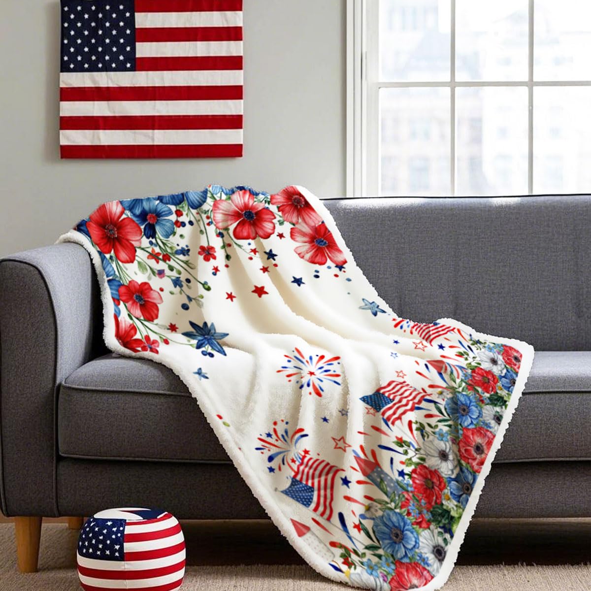 4th of July Floral Blanket, Red Blue Flowers Patriotic Independence Memorial Soft Warm Throw Blankets, American Flag Blankets for Labor Day, Veterans