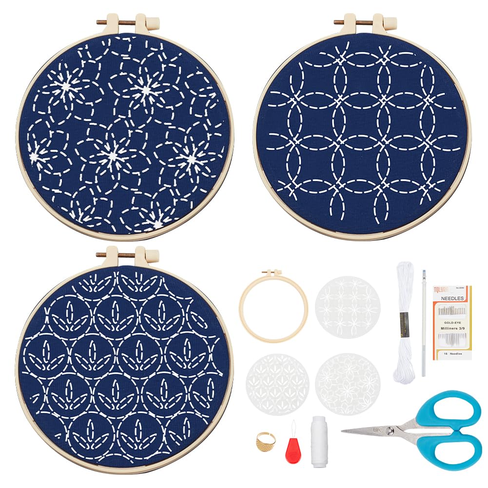 FREEBLOSS 3 Set Sashiko Kit Sashiko Embroidery Kit Beginner Embroidery Kit includes Embroidery Thread, Needles, Fabric and Hoop Embroidery Kits to Learn for Adults Wall Hanging Decor for Home