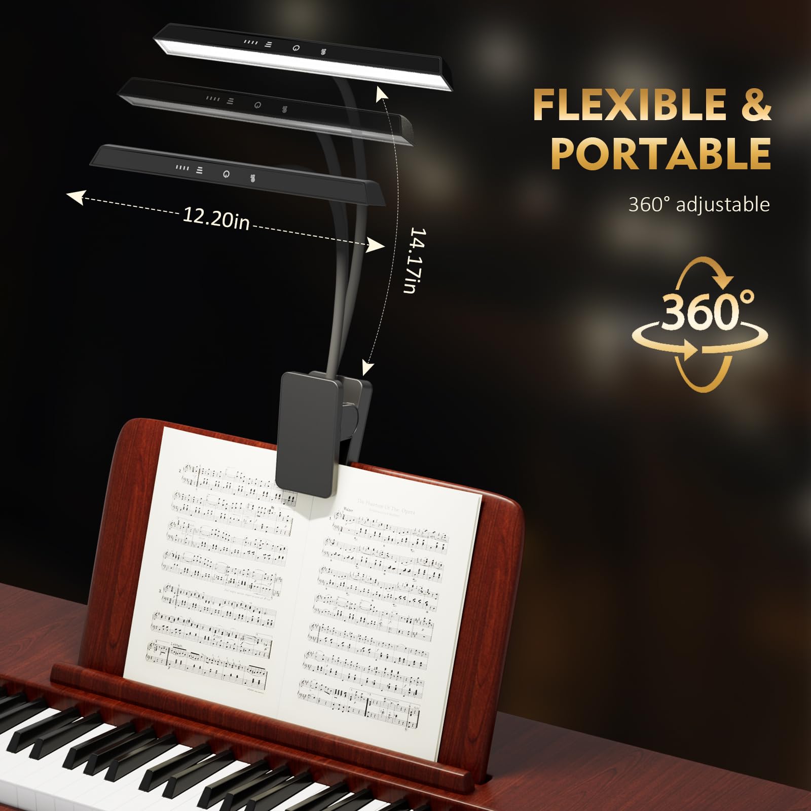 Professioneller Notenständer mit 47 LEDs, wiederaufladbar, augenschonendes Klavier zum Anklemmen, 4 Farben und 3 Helligkeiten, USB-C, bis zu 110 Stunden Laufzeit, tragbare Lampe für Musiker, Groß