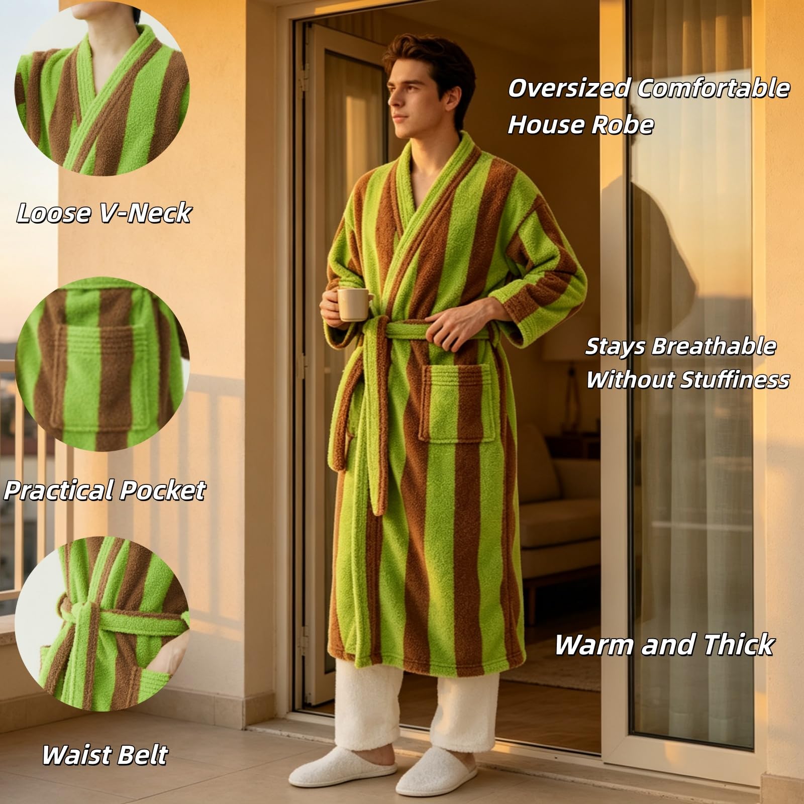 Kimono da uomo in spugna, a righe, soffice, con tasche, per la casa