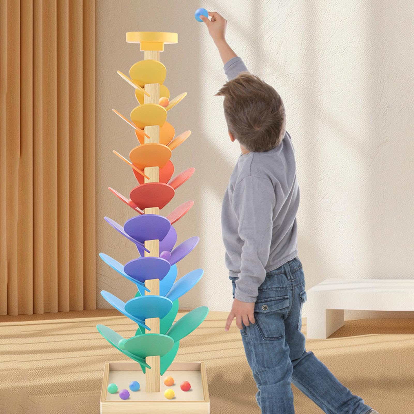 Wooden Ball Drop Toy, blok budujący marmur, wczesna zabawka edukacyjna kolorowa, integracja nauki o temie, 28,7 , idealna dla dzieci w wieku 3-7, sypialni, szkoły, rodziny