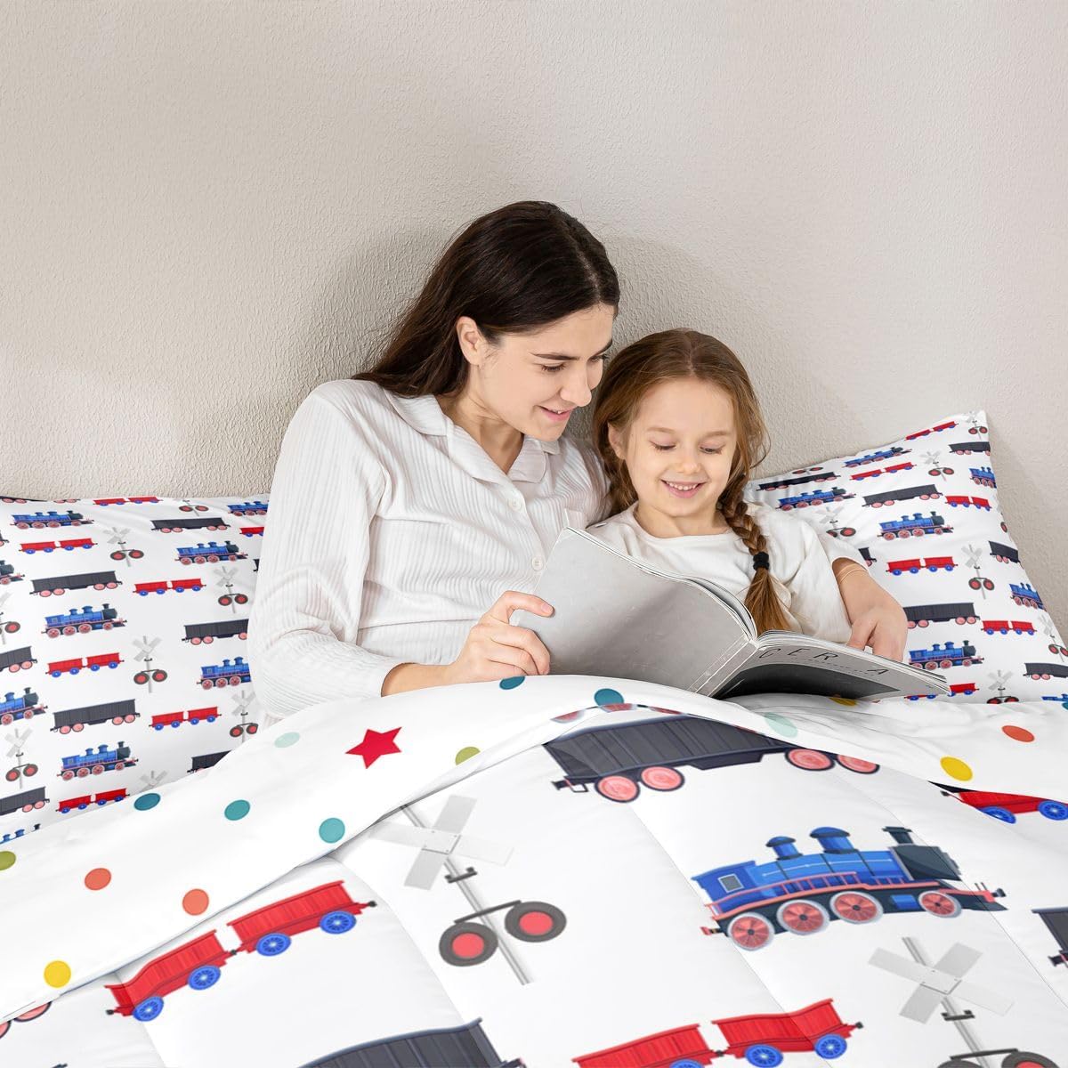 Erosebridal Cartoon Train Bedding Set Red Blue Train Comforter Set for Boys Child,Kids Vehicles Duvet Insert Kids Car Theme Bedroom Decor Queen Size