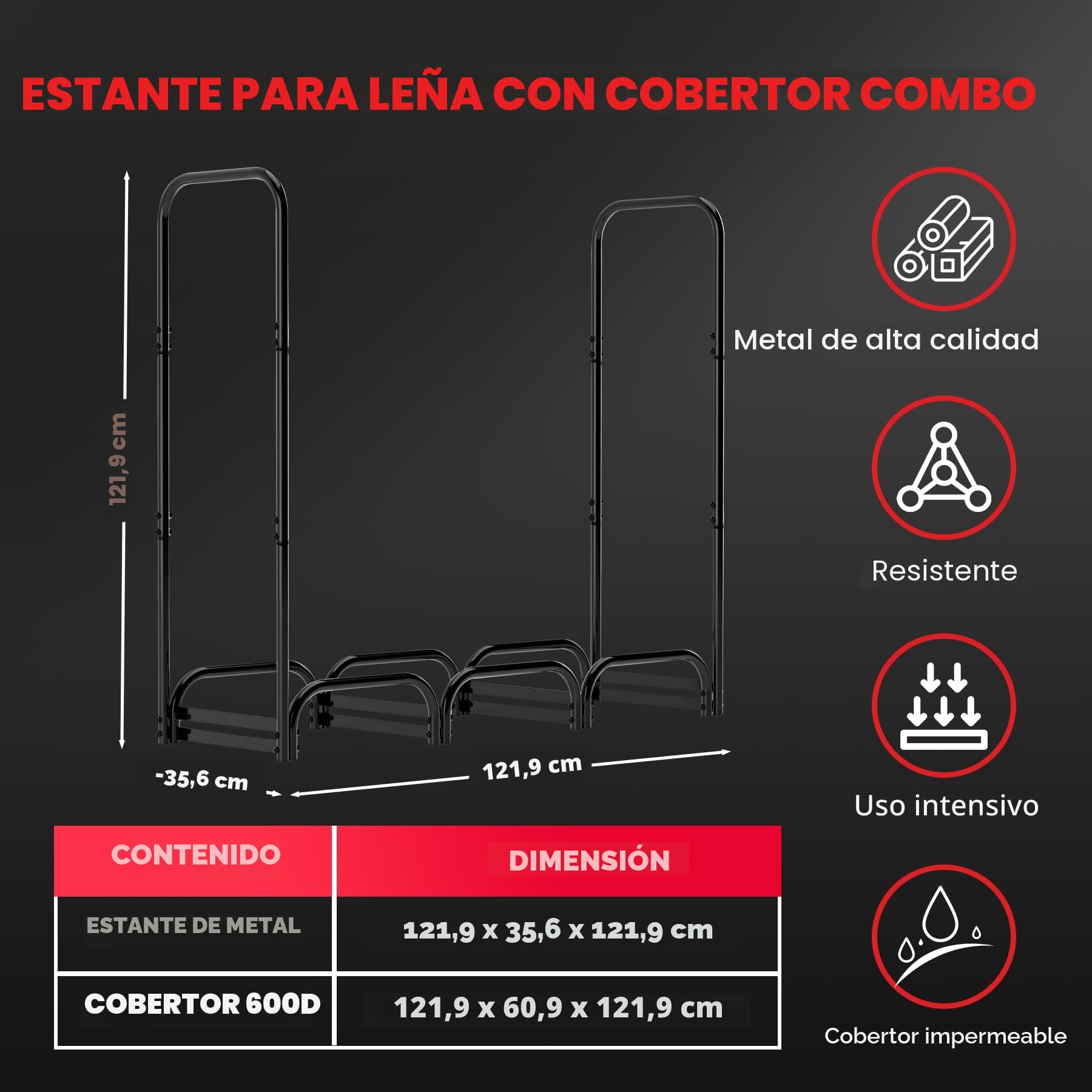 Zettum Leñero de Metal para Exterior 121 x 35 x 121 CM, Leñero con Tapa Revestimiento de PU 600D, Ayuda de apilamiento Impermeable para leña, refugio para leña para jardín y Terraza