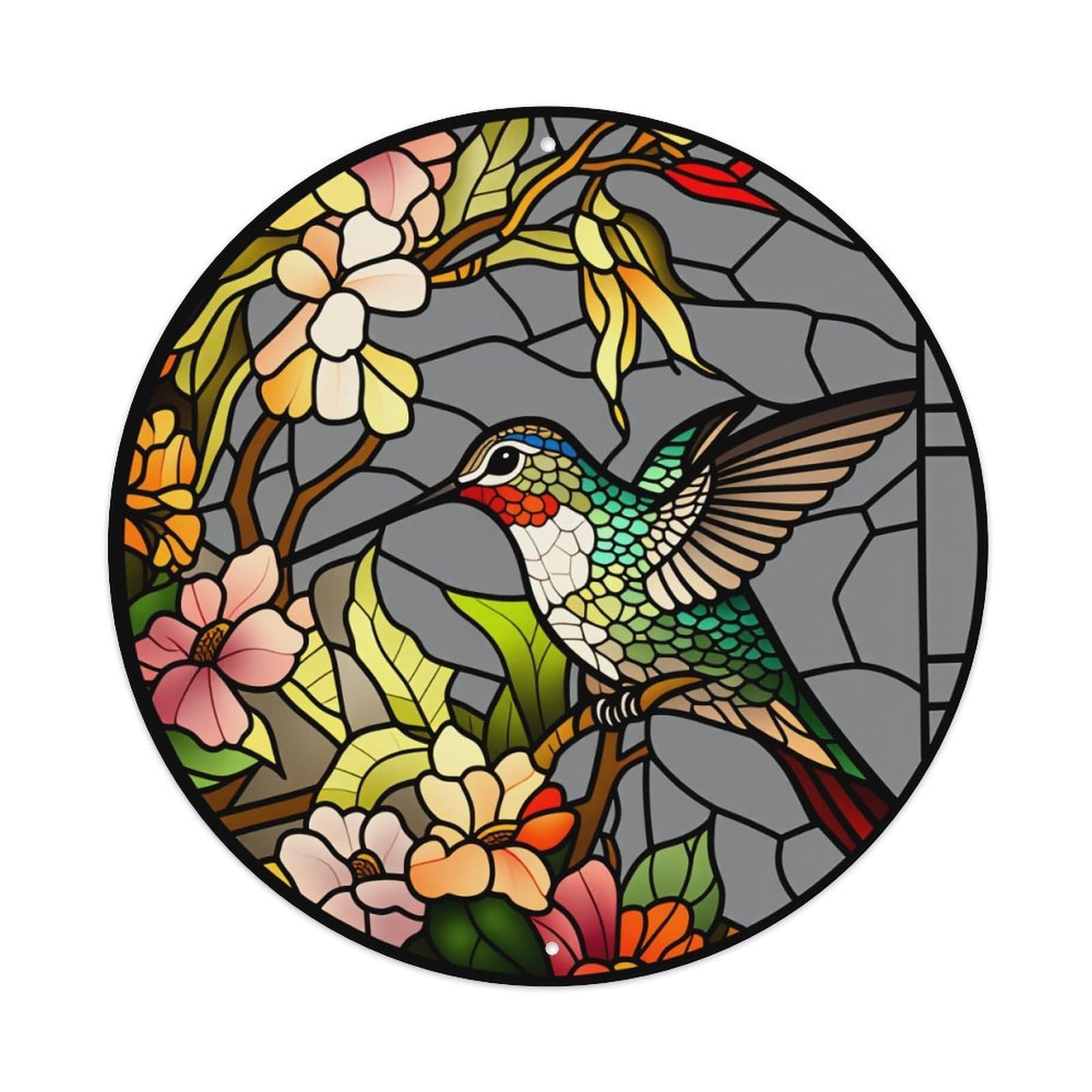 Hummingbird Floral Stained Glass Art Round Tin Sign Vintage Metal Poster Retro Bar, Home, Man Cave, Kitchen, Laundry Room Wall Art Decor Gift 8x8In