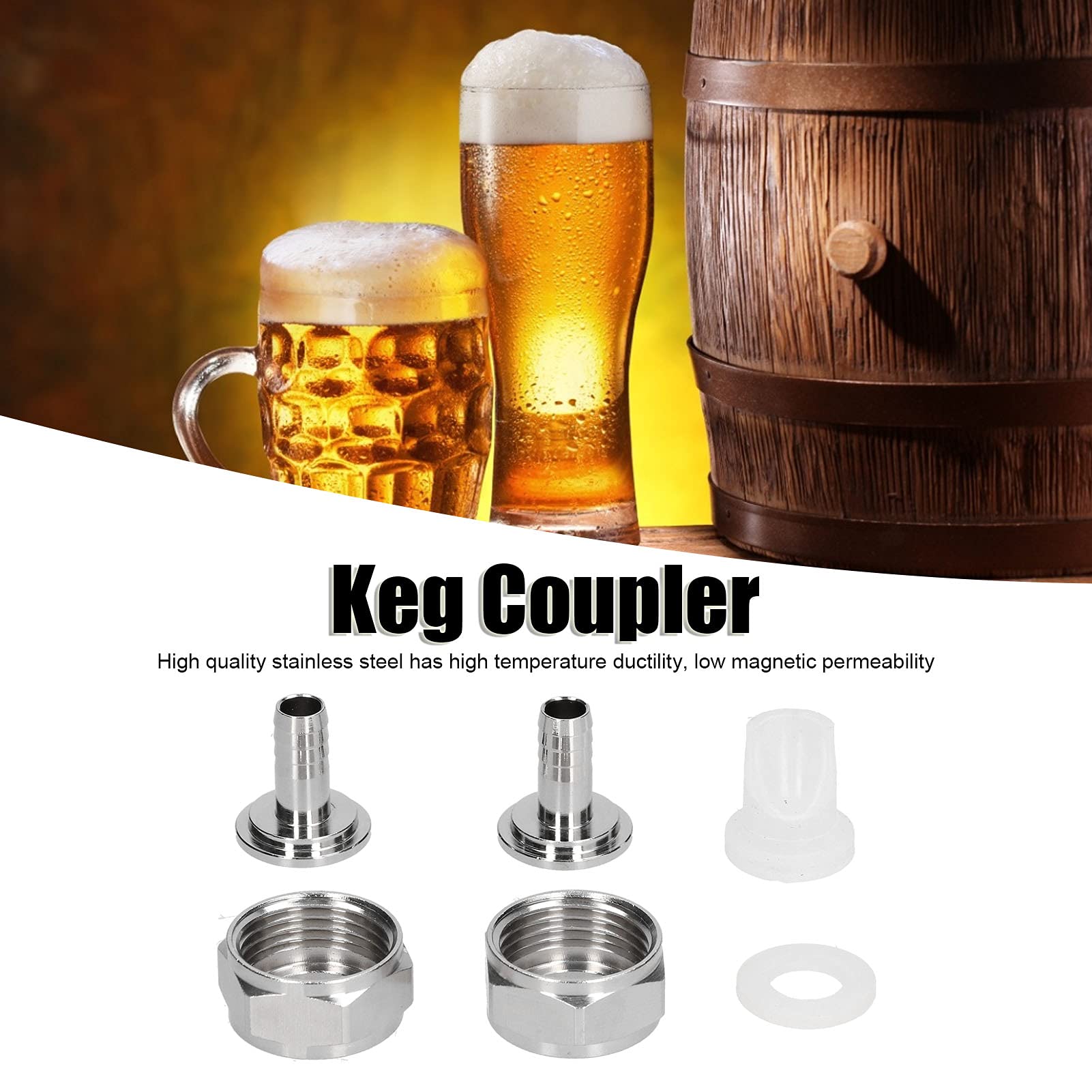 2PCS Keg Coupler Barb Connector, Stainless Steel Beer Kegerator Couplers Barb Connect Beer Line Beer Keg Coupler Accessories
