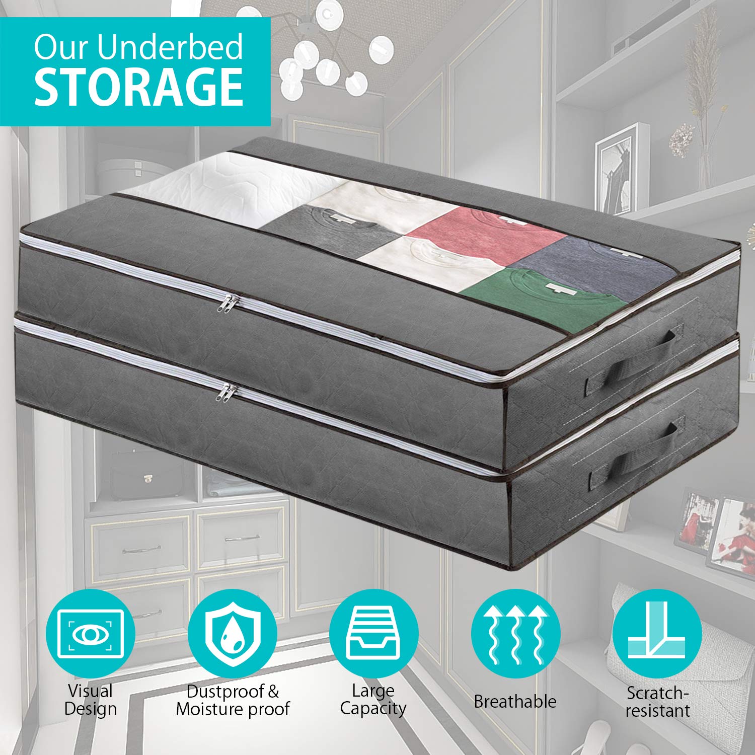 ASelected Contenitori Sottoletto Pieghevoli 90L - 4 Pezzi Grigi, Con Finestra Trasparente E Maniglie, Per Abbigliamento E Biancheria