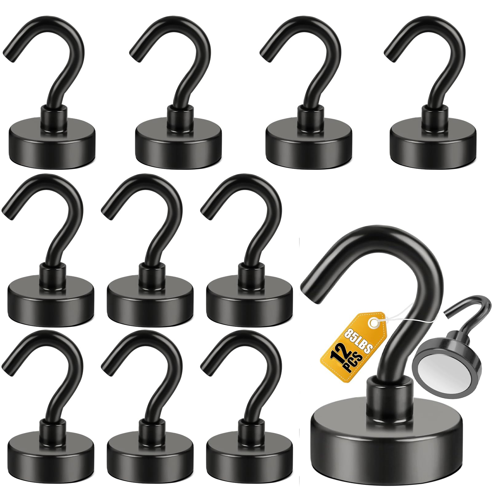 DIYMAG Magnetic Hooks 12pcs 85lbs Cruise Essentials 2026 Magnet Hook Black | Neodymium Heavy Duty Strong Magnets Hanging Ship Cabins Refrigerator Fridge Classroom Beach Vacation Kitchen Grills Home To