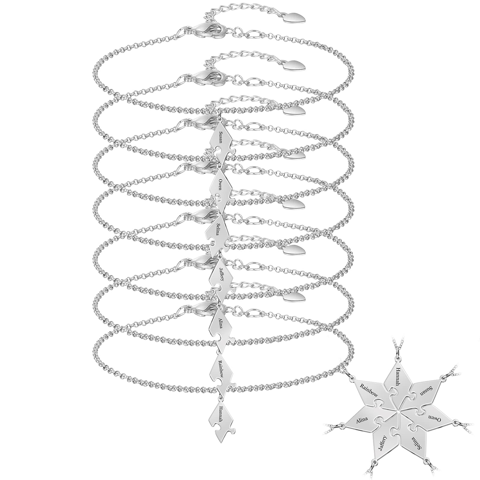 BAUMA AUTOPersonalized Best Friend BFF Friendship Bracelet Sterling Silver Puzzle Pieces Bracelet Set for 3/4/5/6/7/8 Pieces Matching Bracelet Custom Name Bracelet Sets