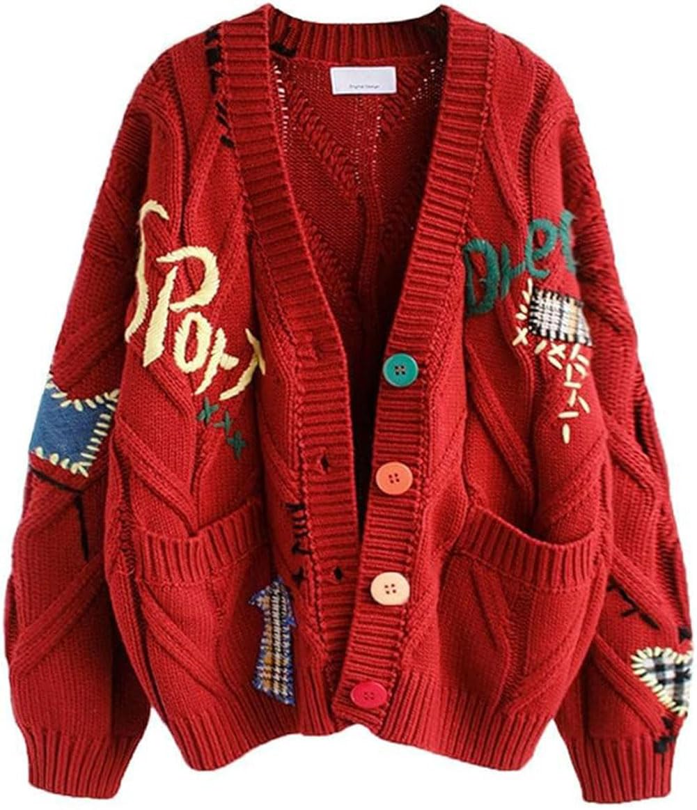 Womens Lazy Style Embroidered V Neck Cardigan Sweaters Long Sleeve Loose Letter Knitted Sweater Coats