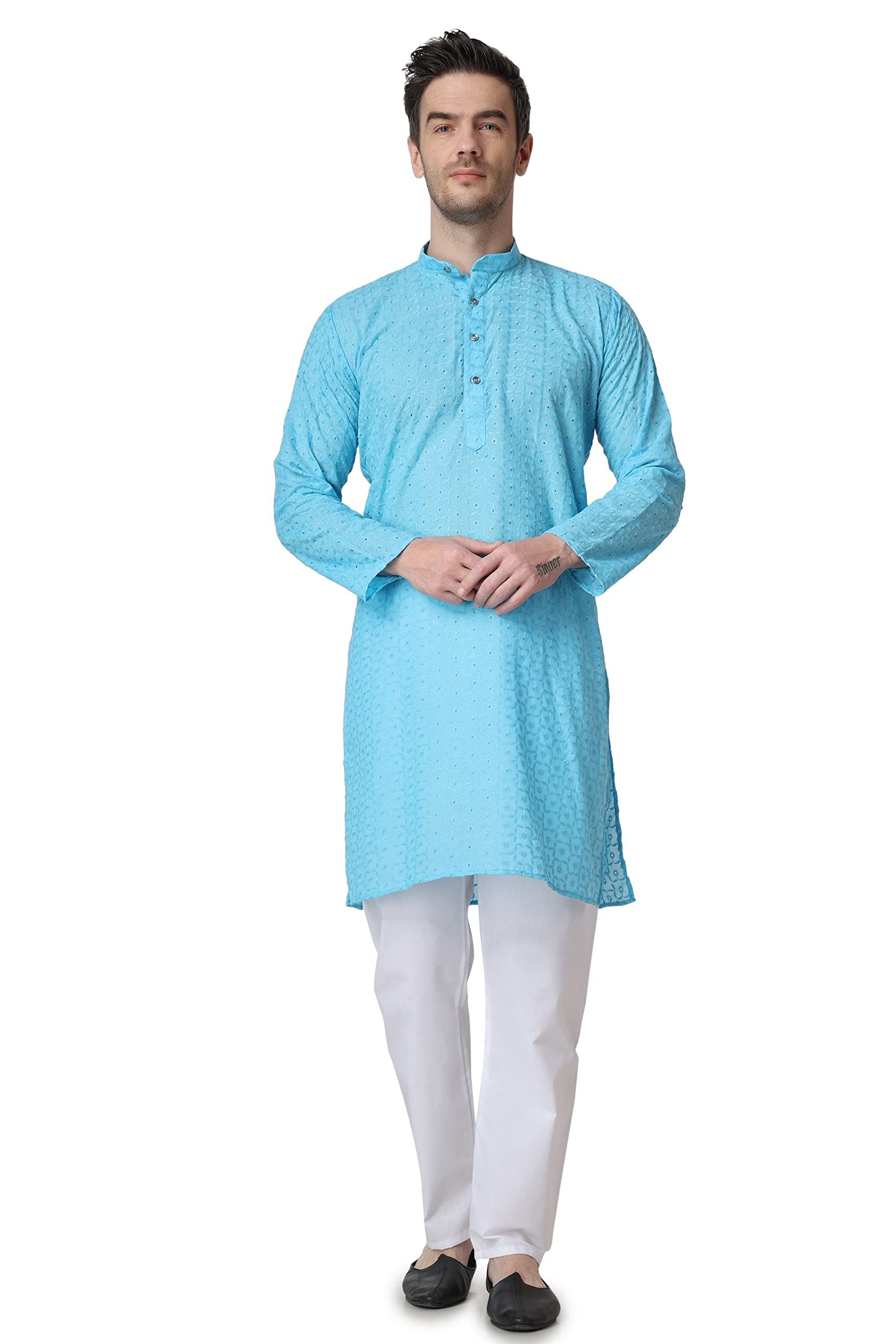 Mens Cotton Chikankari Kurta Pyjama-image-42