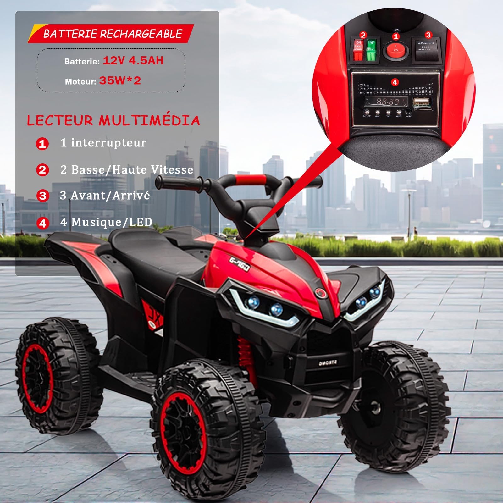Quad Eléctrico para Niños con Control Remoto 2,4G, 12V Quad Eléctrico Infantil Dos Velocidades, Luces LED, Música, Radio y USB, 3+ Años (Rojo)