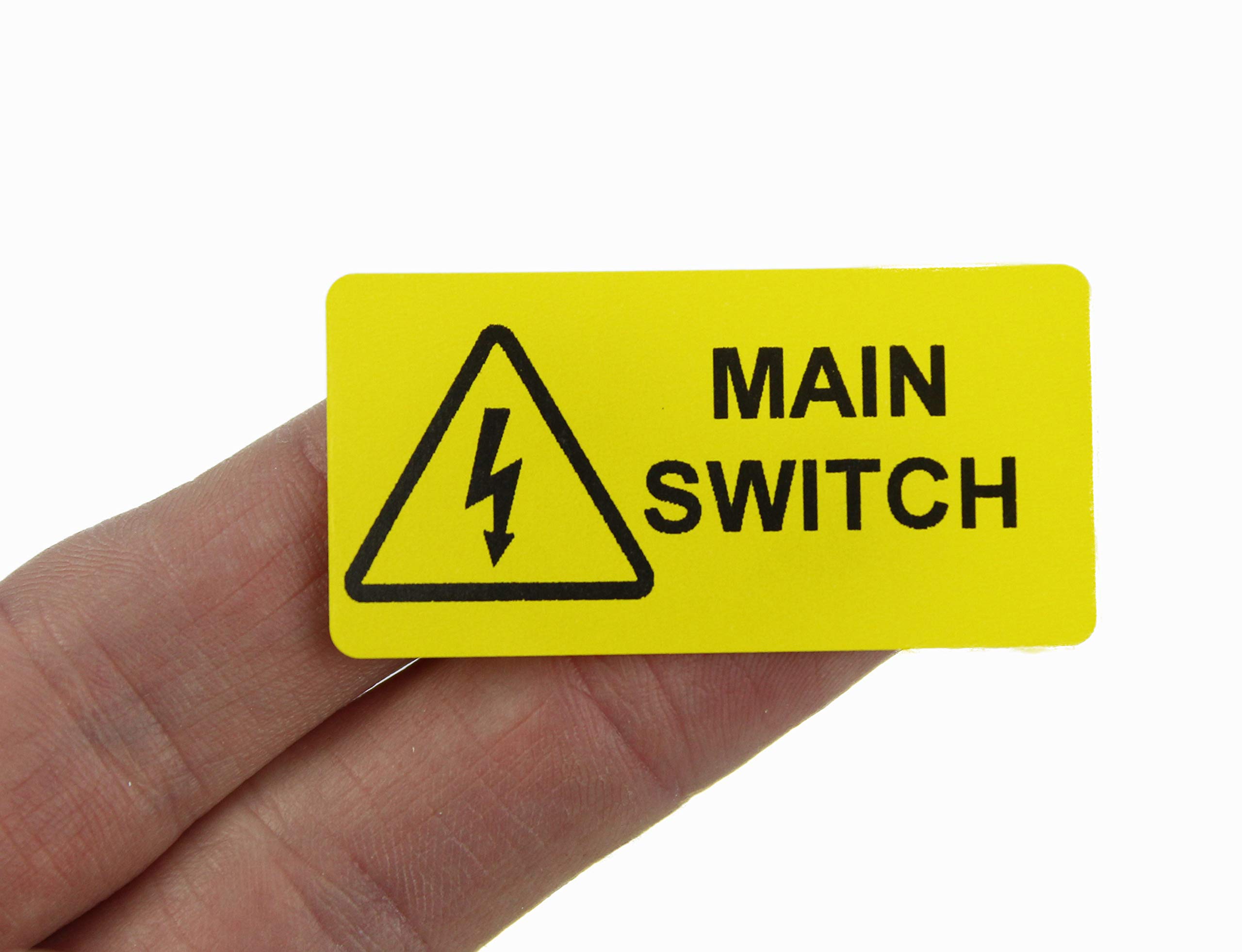 Main Switch, Electrical Warning Labels/Stickers. Yellow Labels, Black Print. Ideal for Indoor use. Strong Permanent Adhesive. (50 Labels)