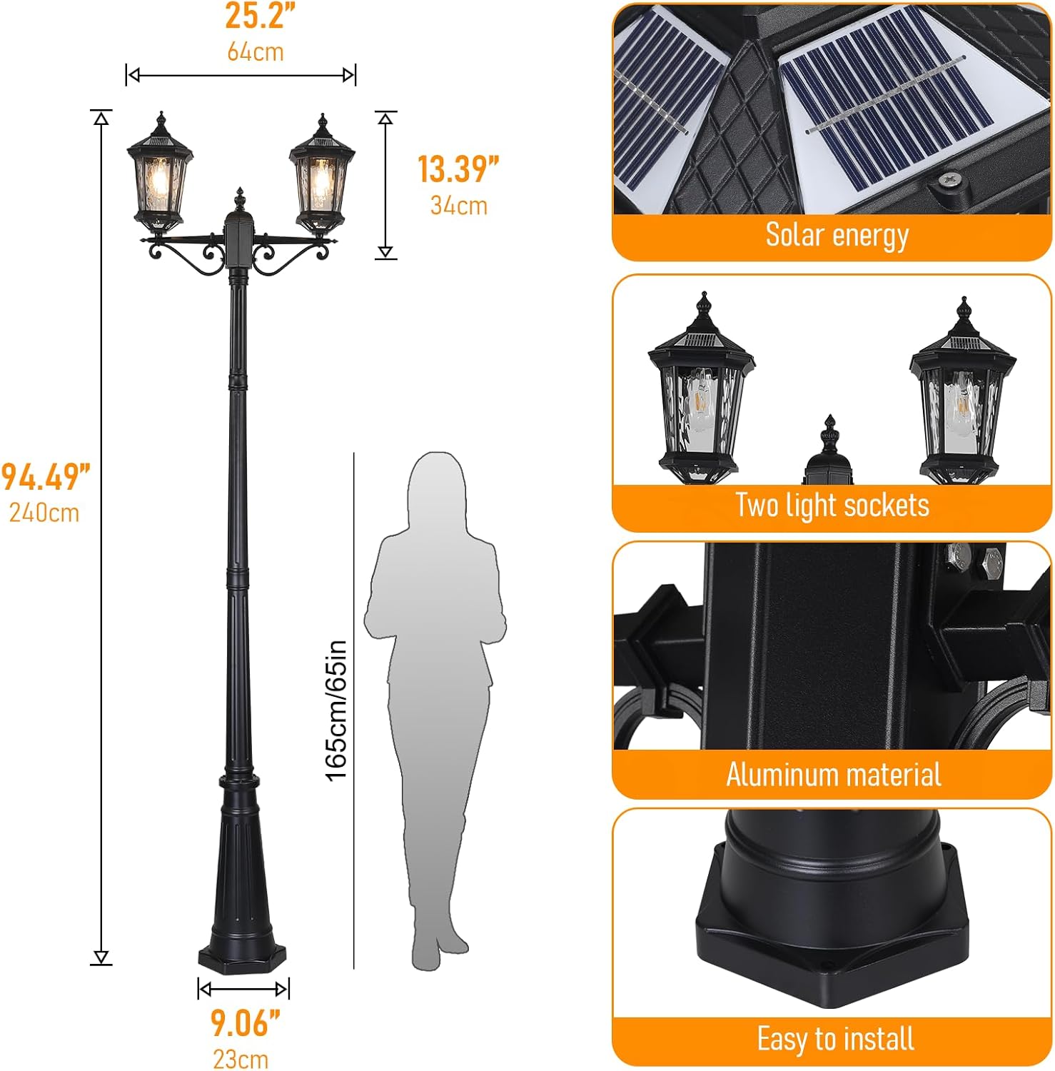 Solar Post Lights Two E26 Lamps Holder with Remote and Automatic ON/Off,Solar Powered Outdoor Waterproof High Pole Standing Lamp Lighting for Outside Path,Yard,Garden,Lawn,Street,94.5In Black