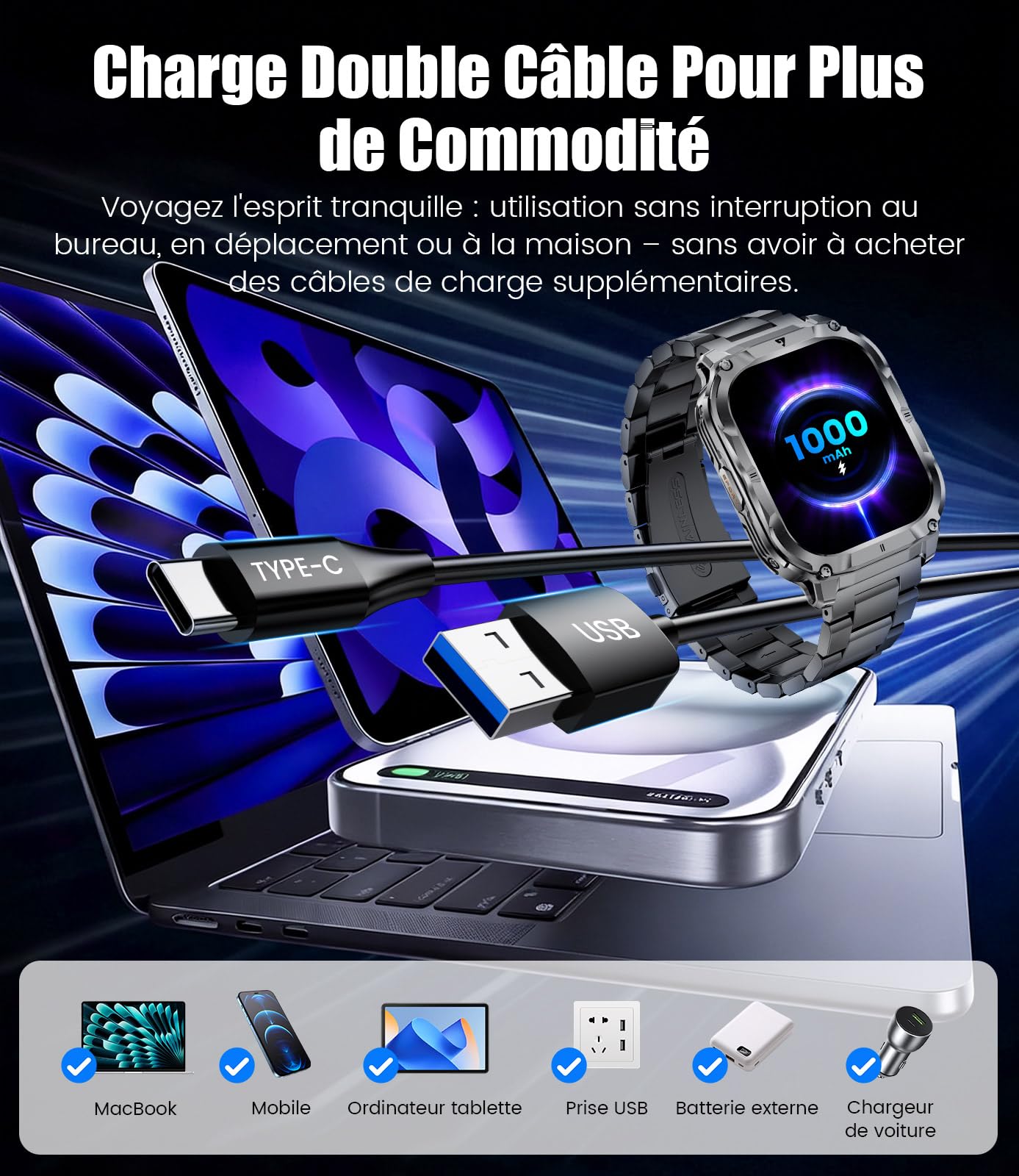 LIGE Montre Connectée Homme（3 Bracelets）, Smartwatch avec Torche LED/Batterie 1000mAh/2.0" HD Grand Écran/Appel Bluetooth/Cardiofréquence/Analyse Sommeil/100+Modes Sport, Smart Watch Android/iOS