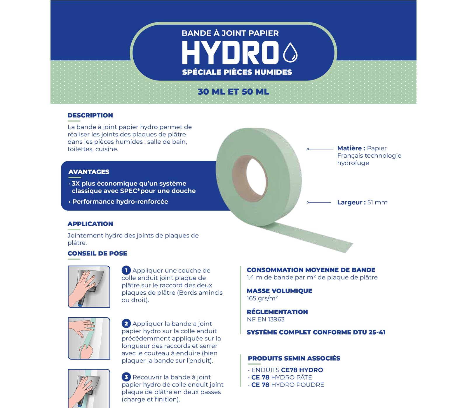 SEMIN Enduit pièce humide CE 78 Hydro 5 kg + bande à joint hydrofuge 30 m – salle de bain et cuisine – 10 m²