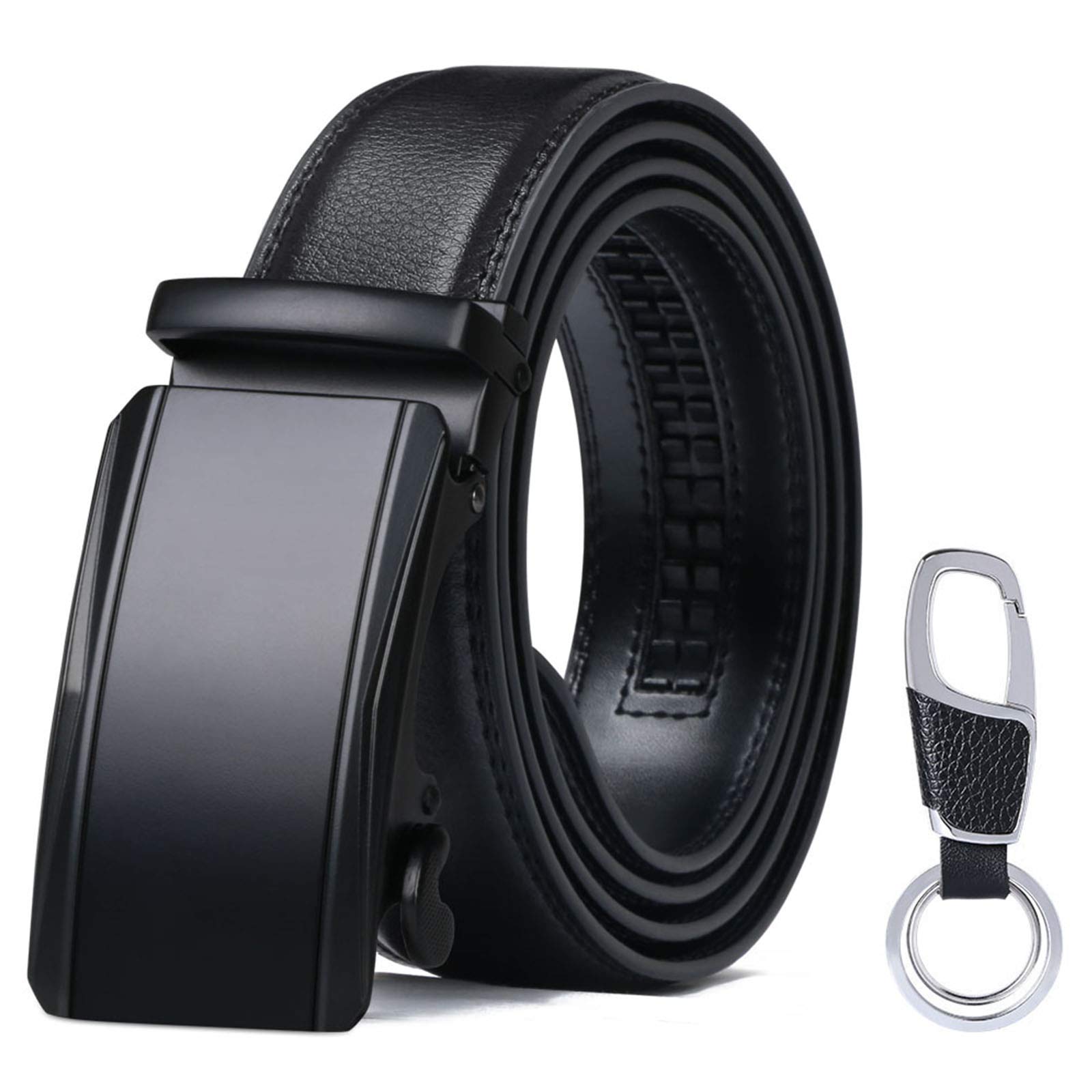 flintronic ® Cintura da Uomo in Pelle con Fibbia Automatica, Moda Cintura a Cricchetto 3.5cm * 130cm, con Portachiavi e Confezione Regalo